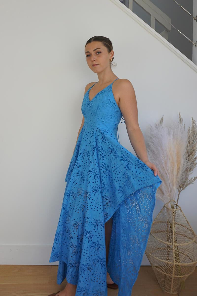 Palm Eyelet Cross Back Dress - Blue