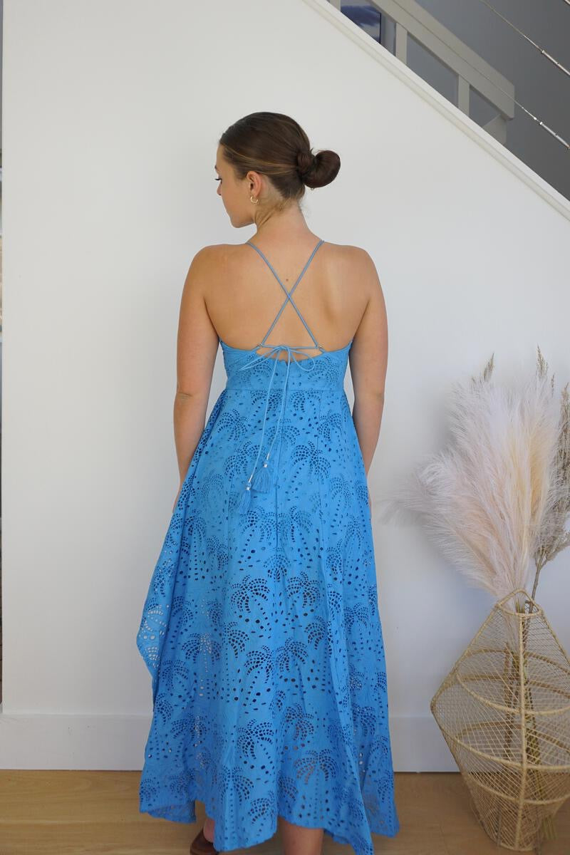 Palm Eyelet Cross Back Dress - Blue