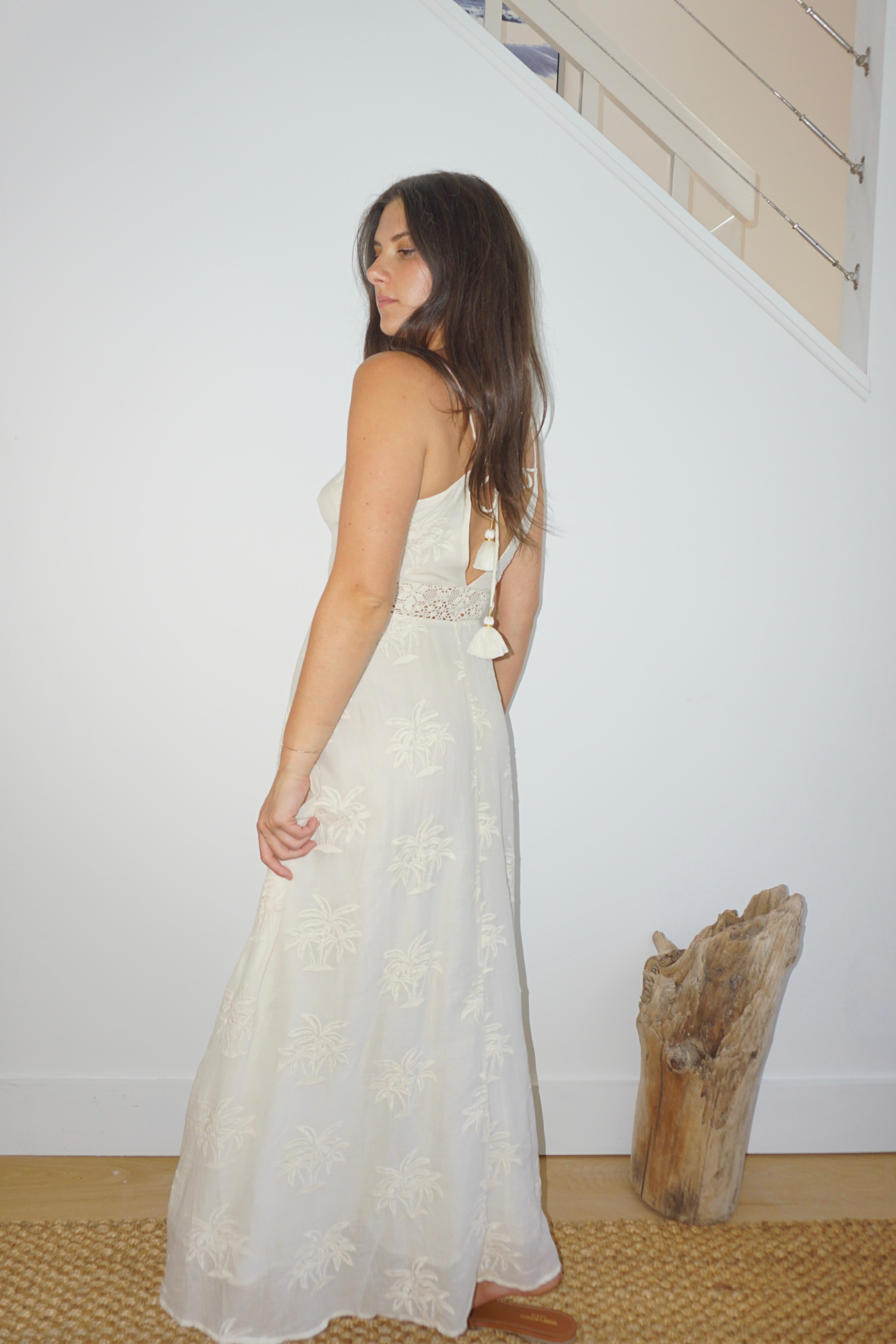Isabella Dress in Cream Palm Embroidery