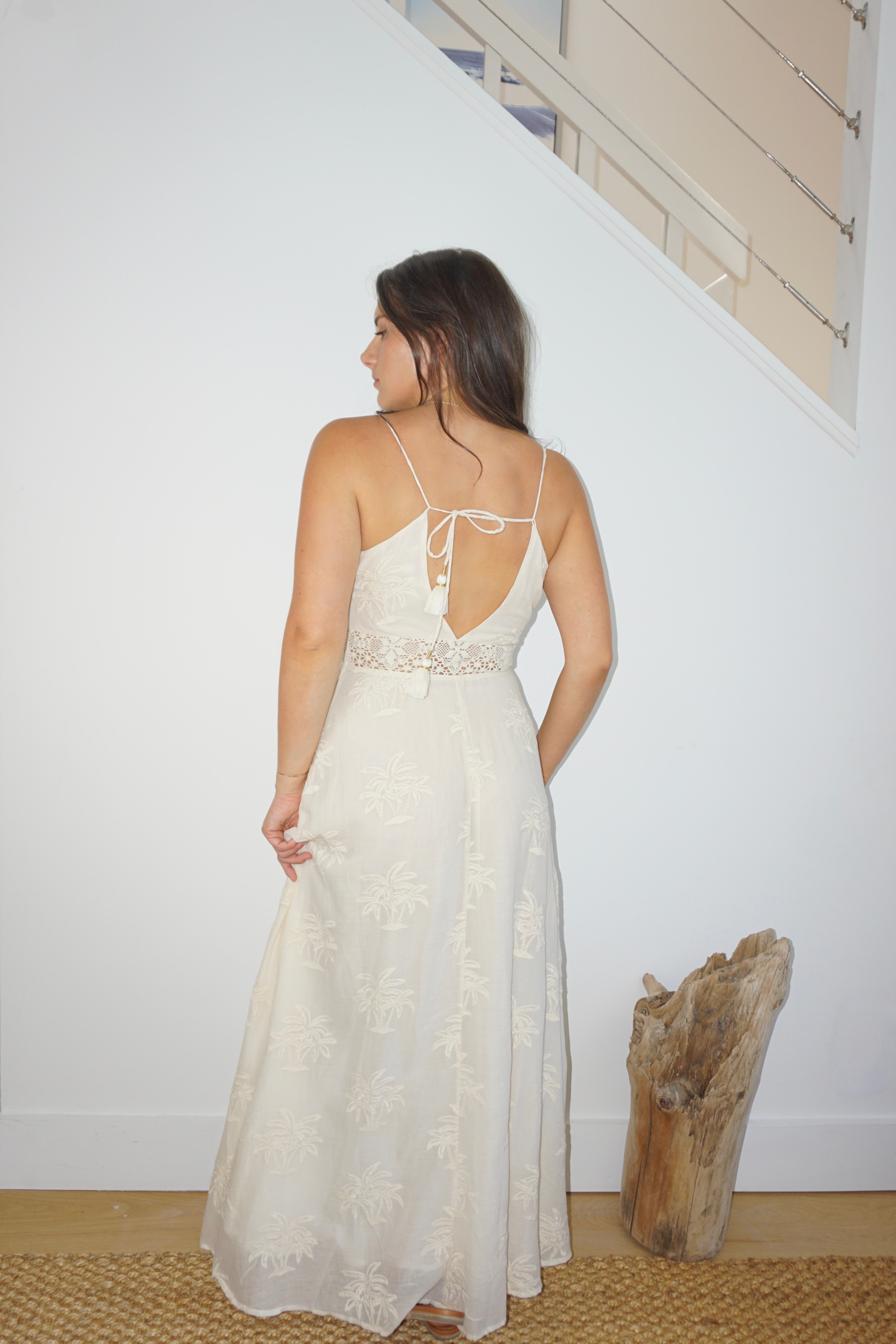 Isabella Dress in Cream Palm Embroidery