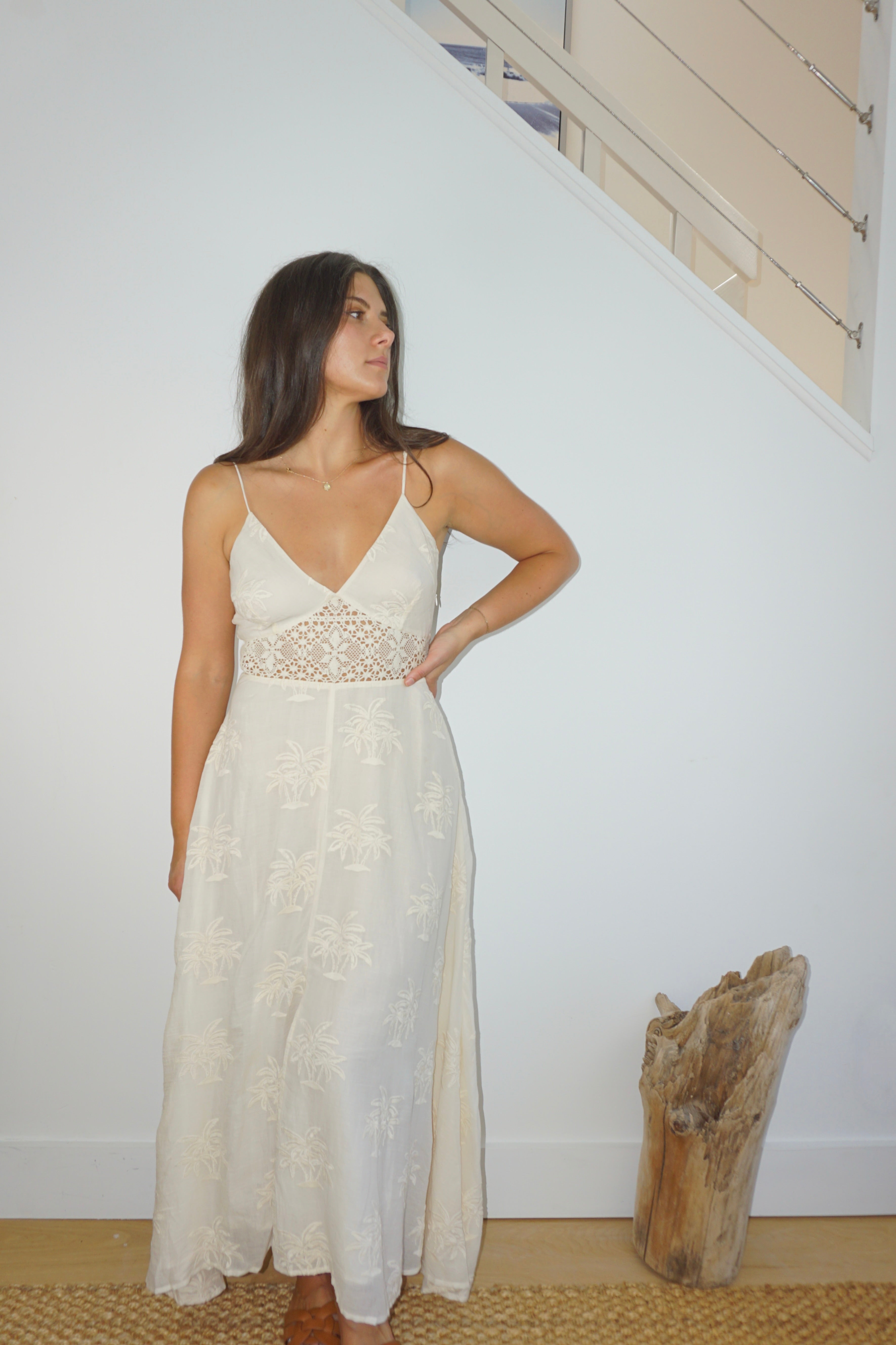 Isabella Dress in Cream Palm Embroidery