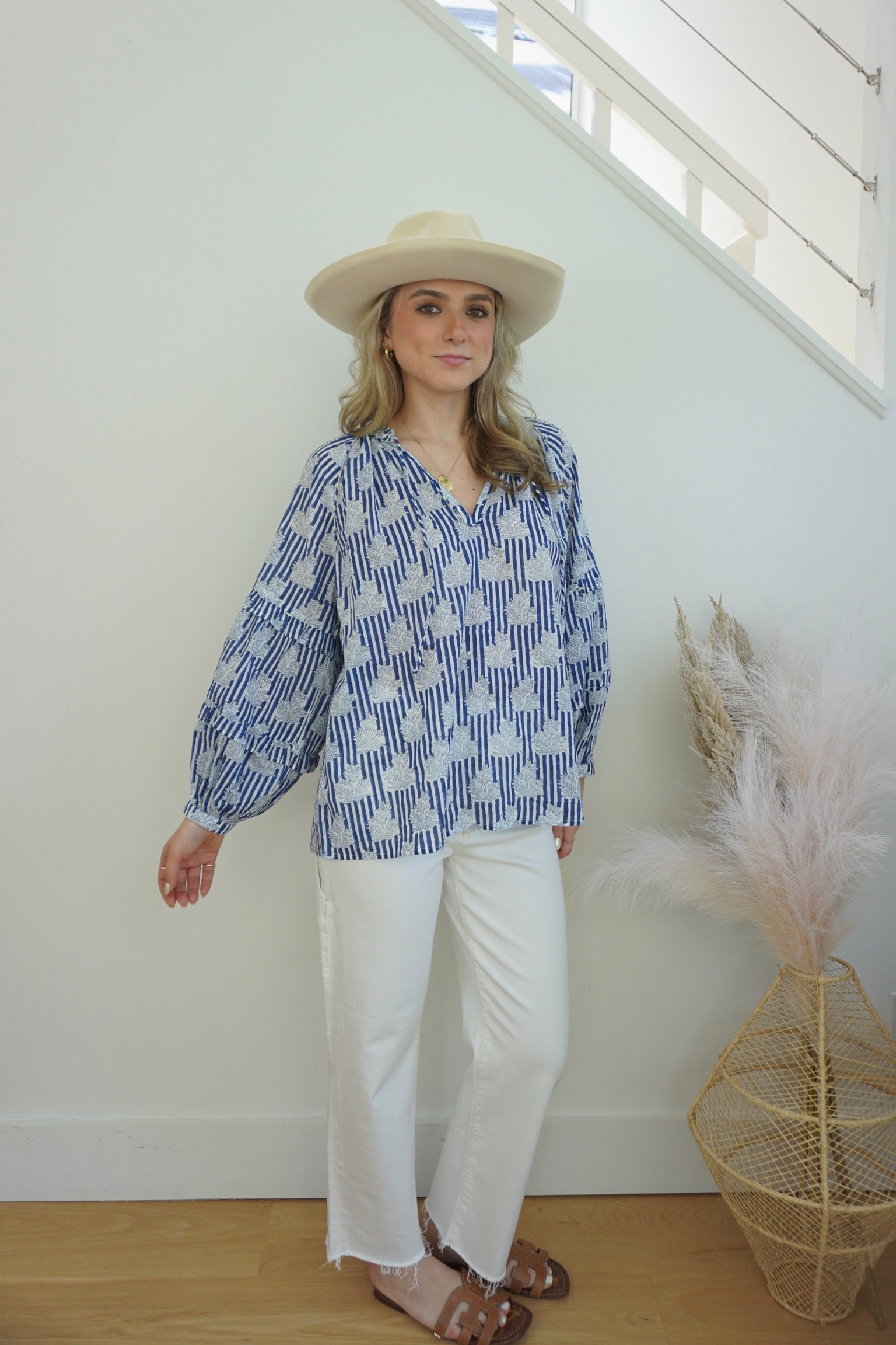 Kendra Blouse in Navy Block Stripe