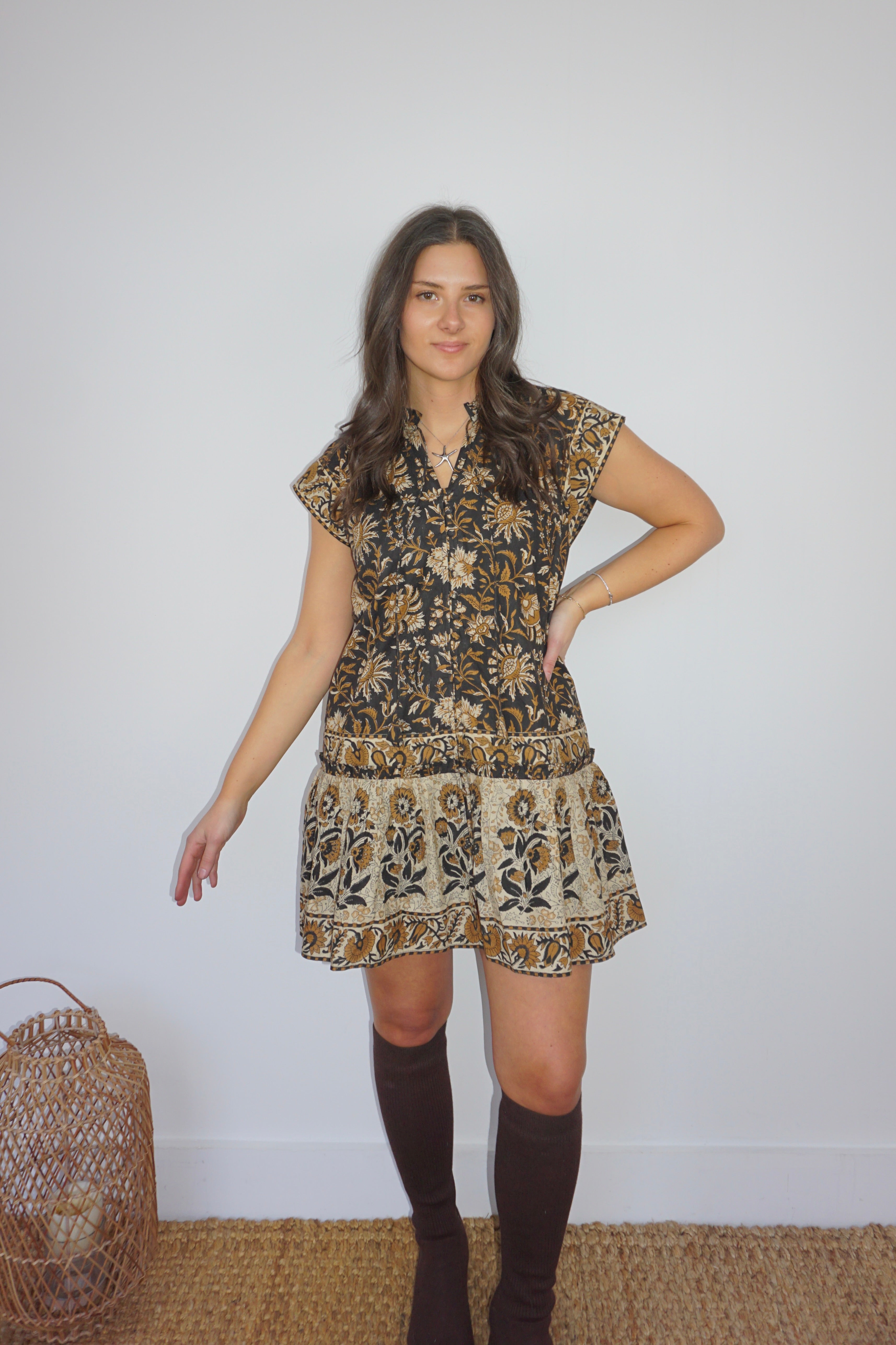 Marina Mini Dress in Black Jacobean