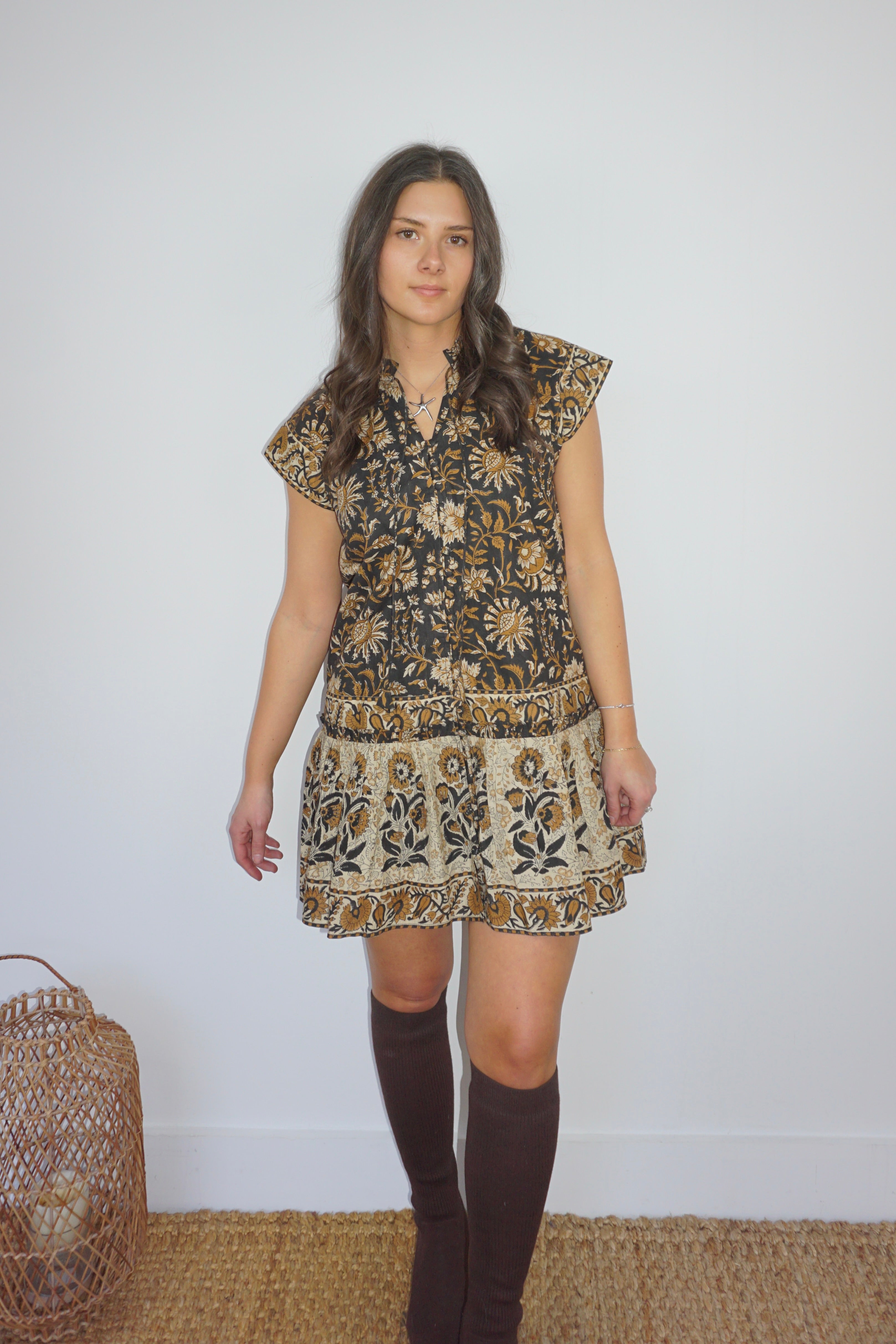 Marina Mini Dress in Black Jacobean