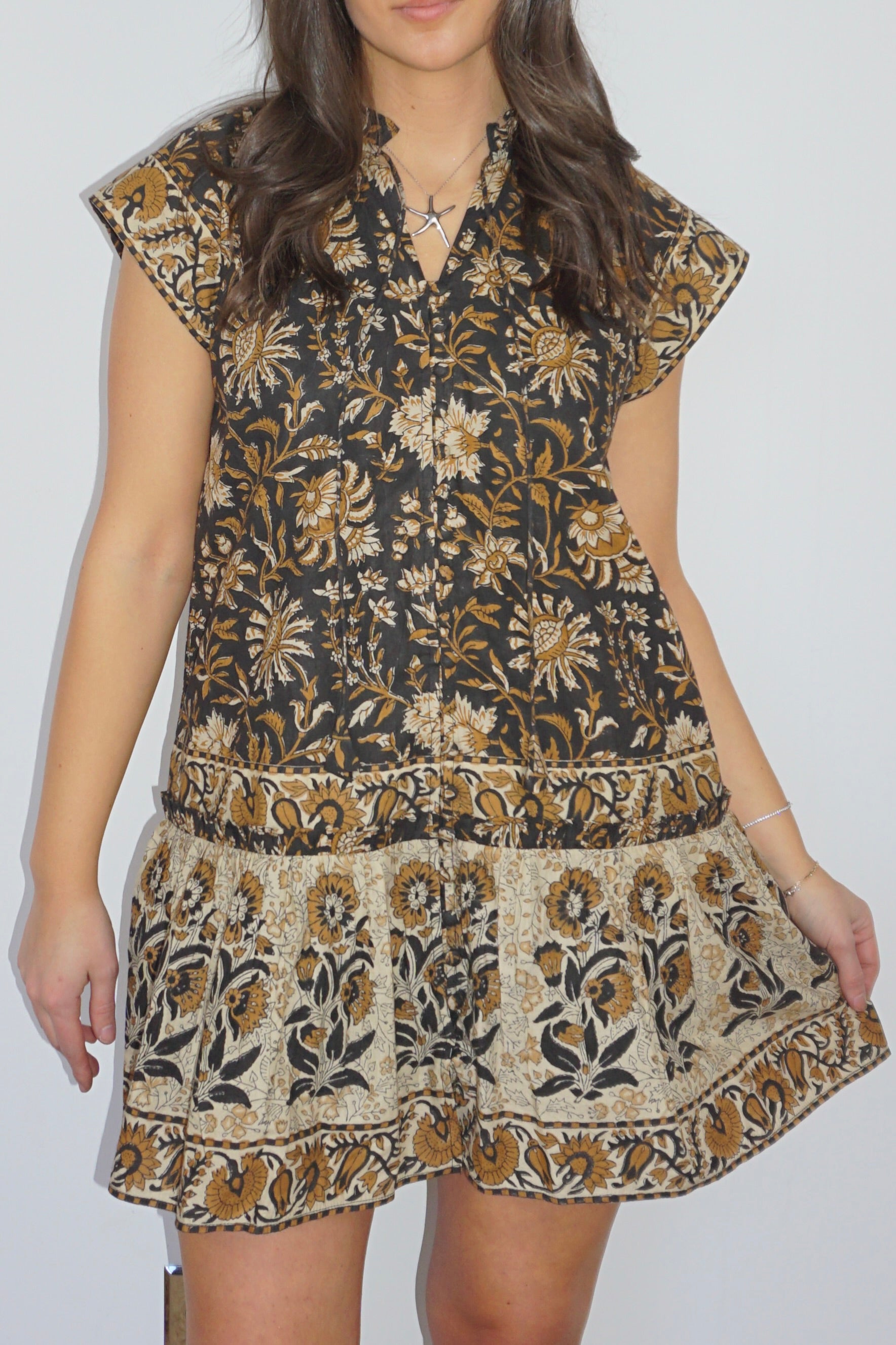Marina Mini Dress in Black Jacobean