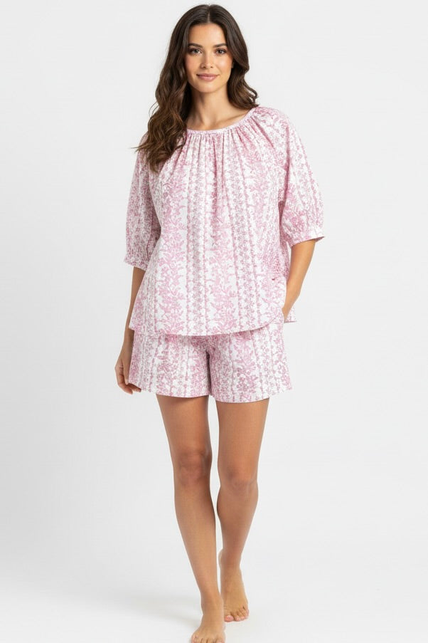 Marley Short Pajama Set in Pink Trellis