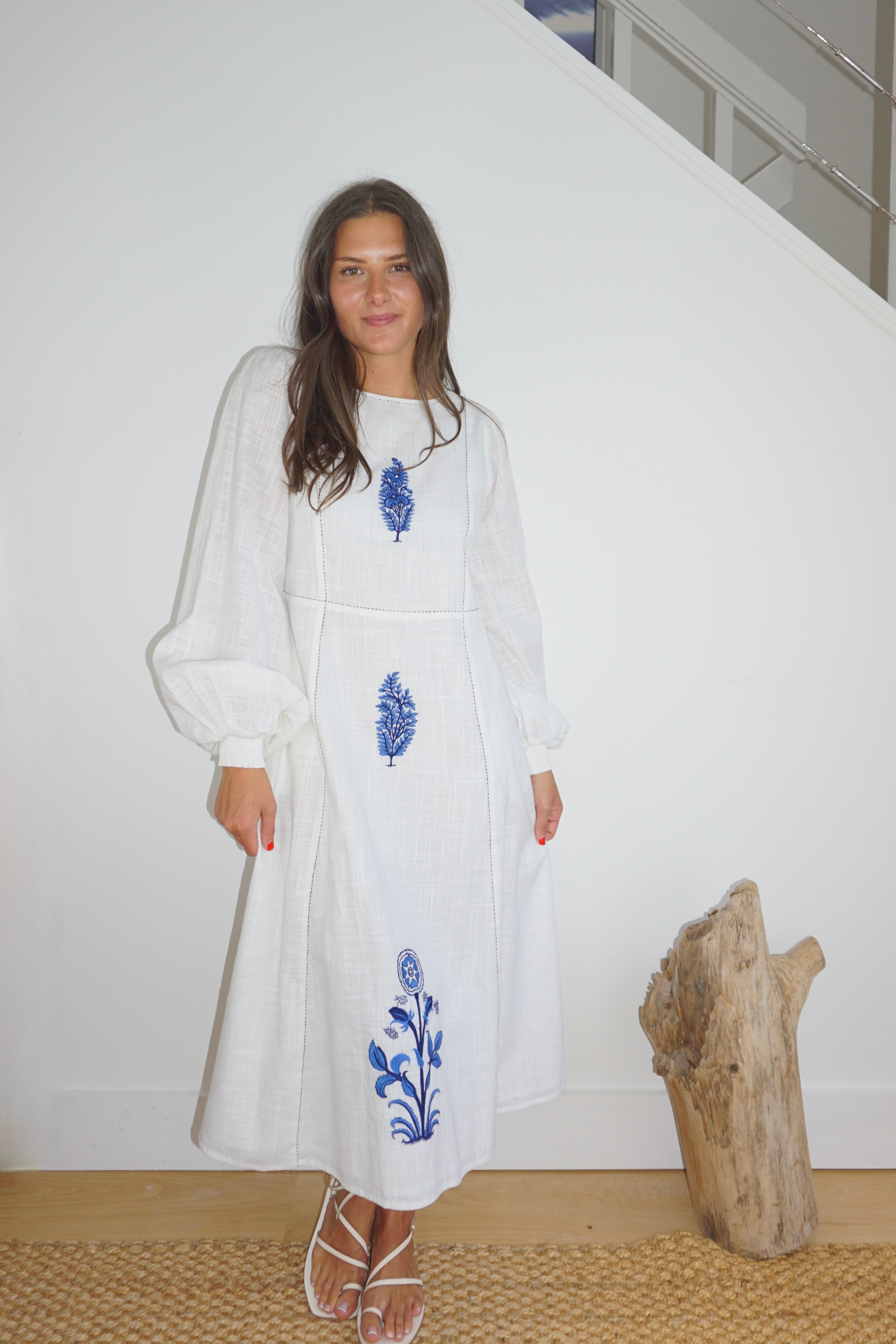 Milo Dress in White/Blue Emb