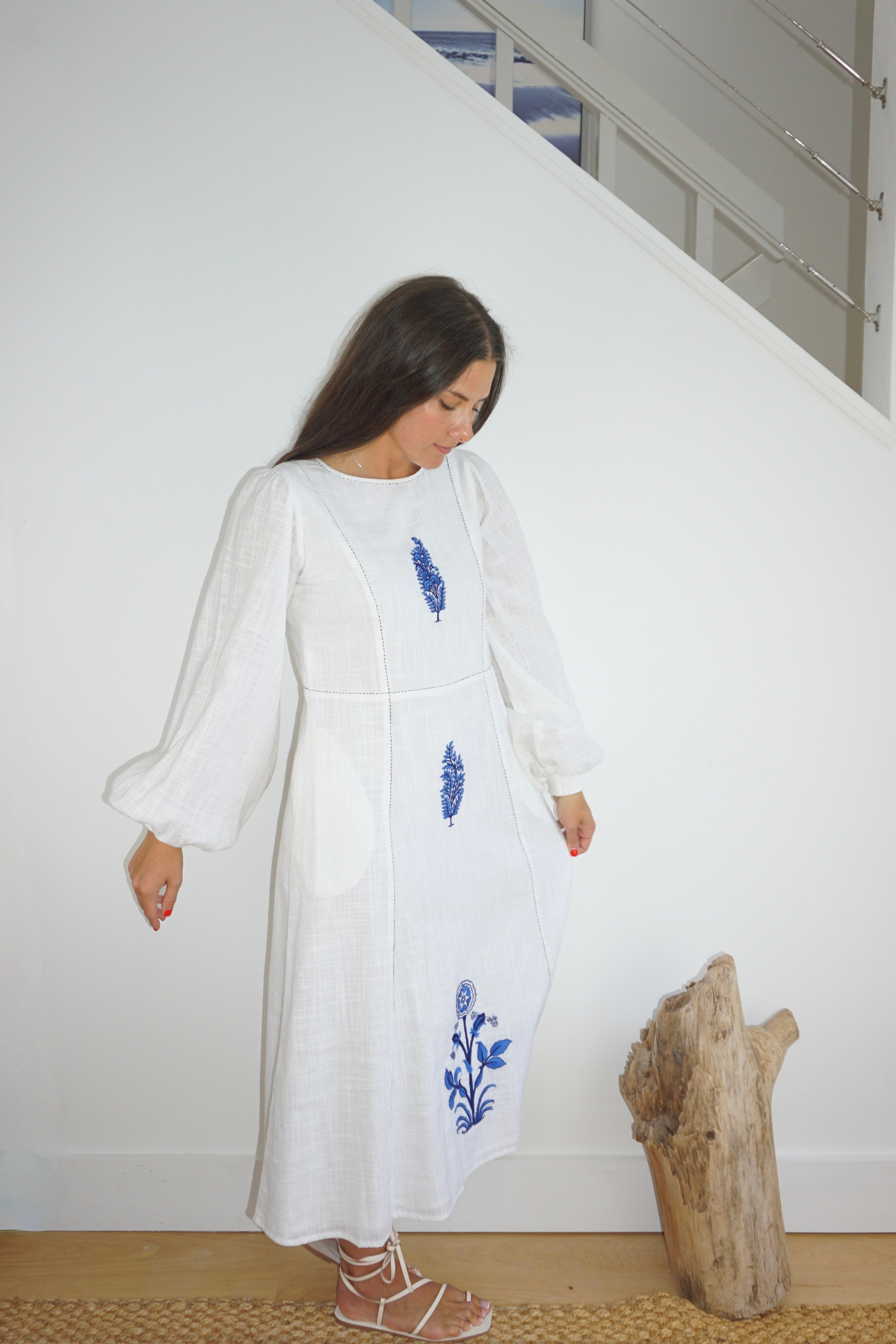 Milo Dress in White/Blue Emb
