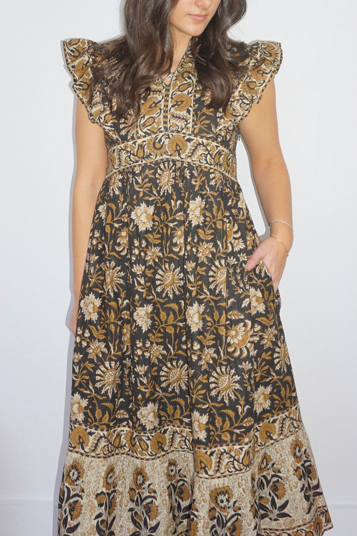 Lennon Dress in Black Jacobean