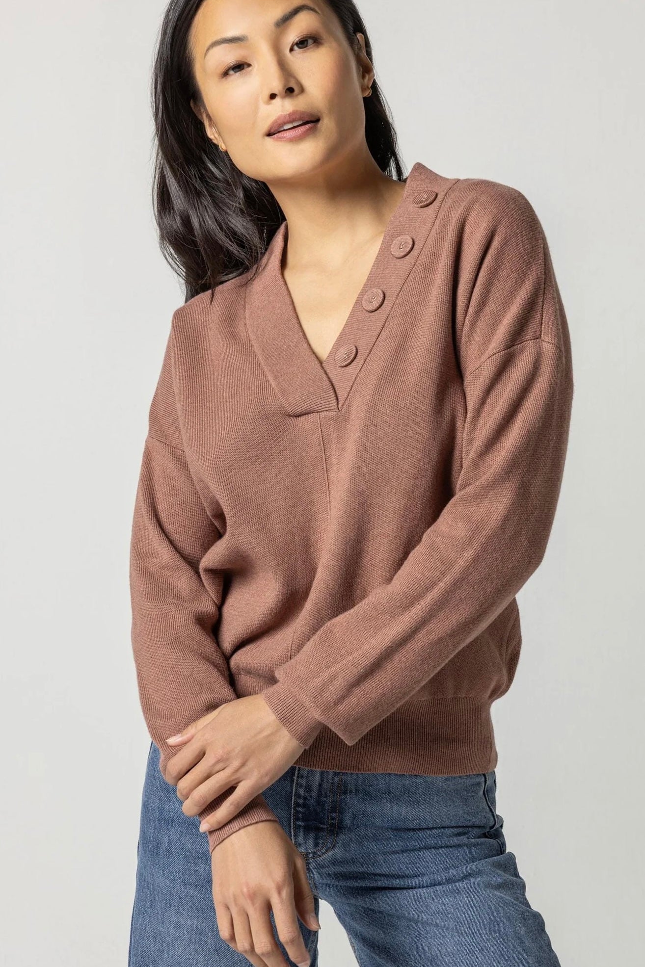 Lilla P Easy Button Shawl Collar Sweater