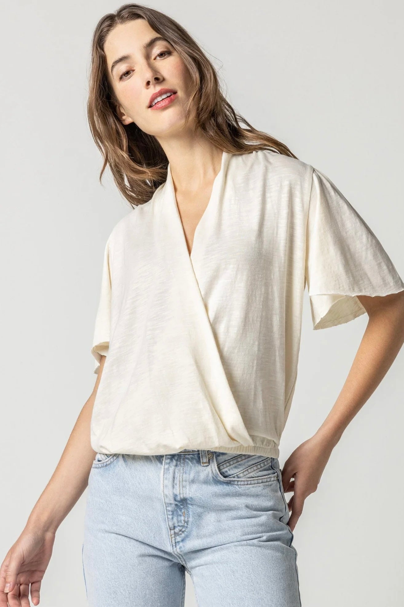 Lilla P Faux Wrap Flutter Sleeve Top