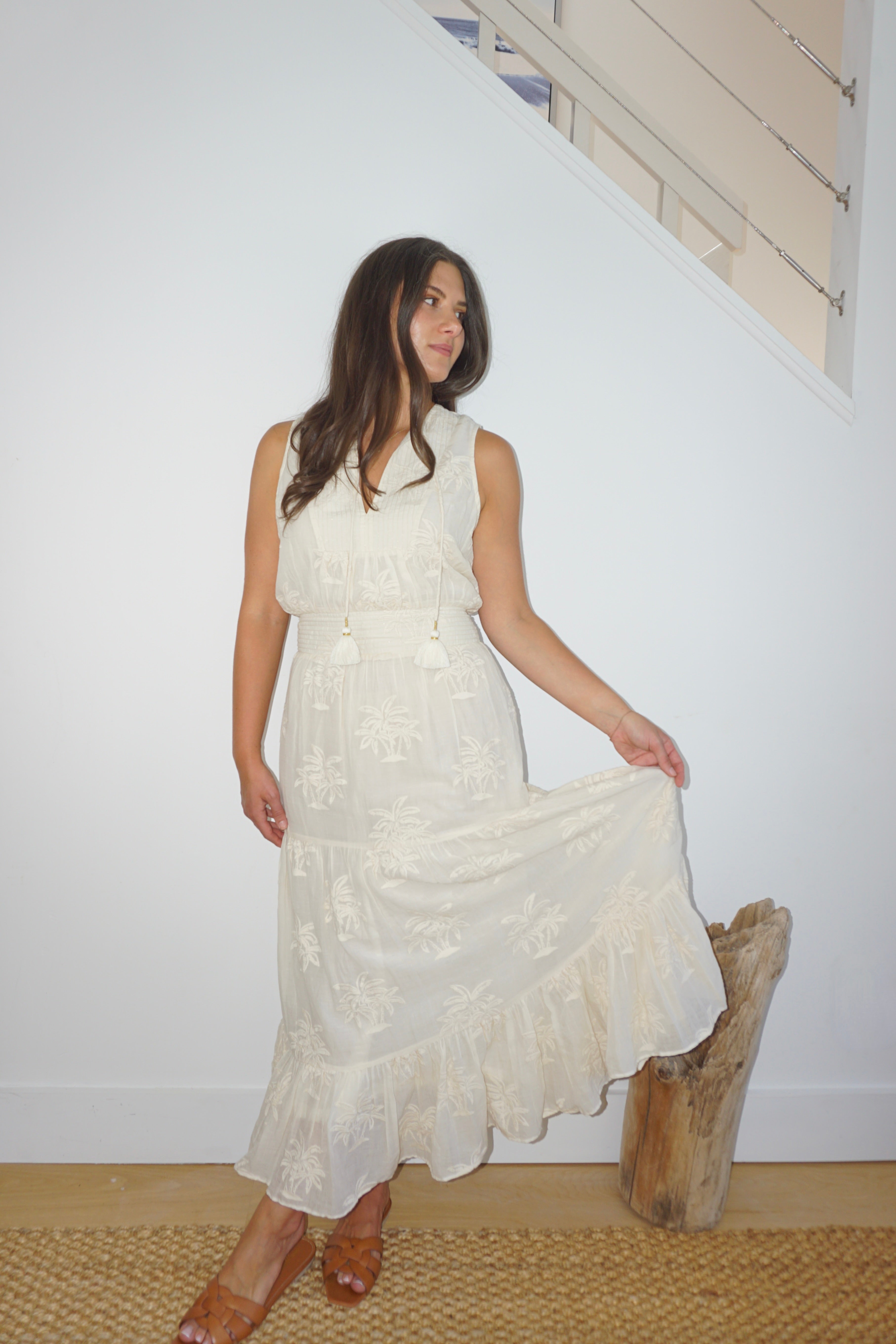 Paloma Dress in Cream Palm Embroidery