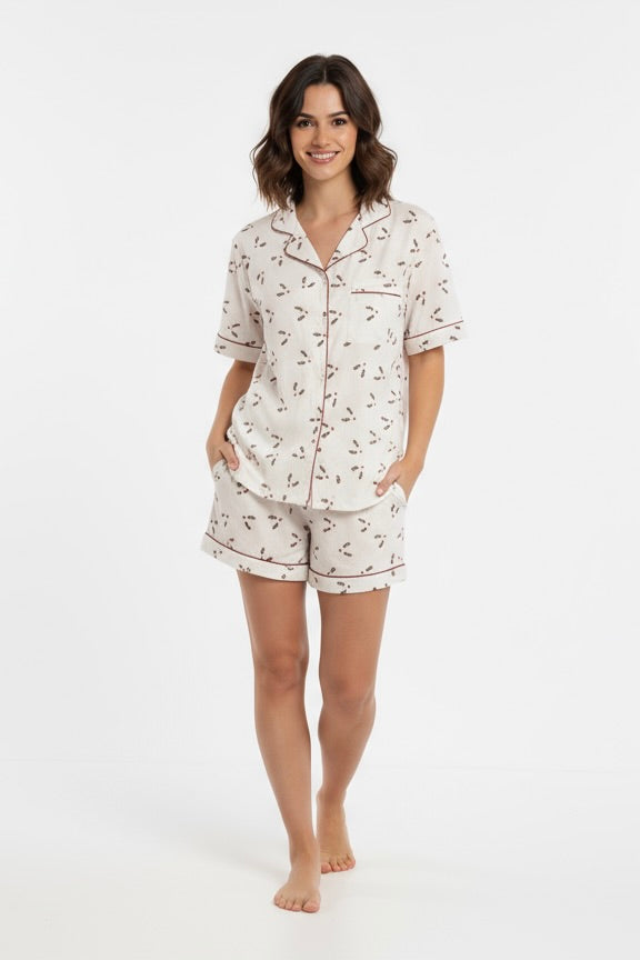 Paola Pajama Short Set in Embroidered Brown Holly