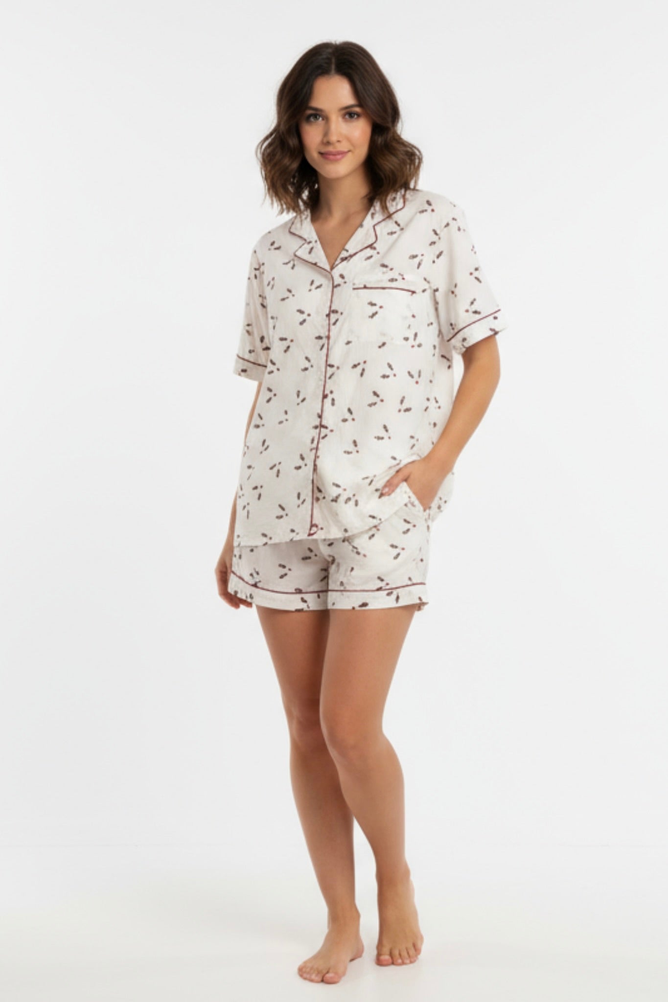 Paola Pajama Short Set in Embroidered Brown Holly