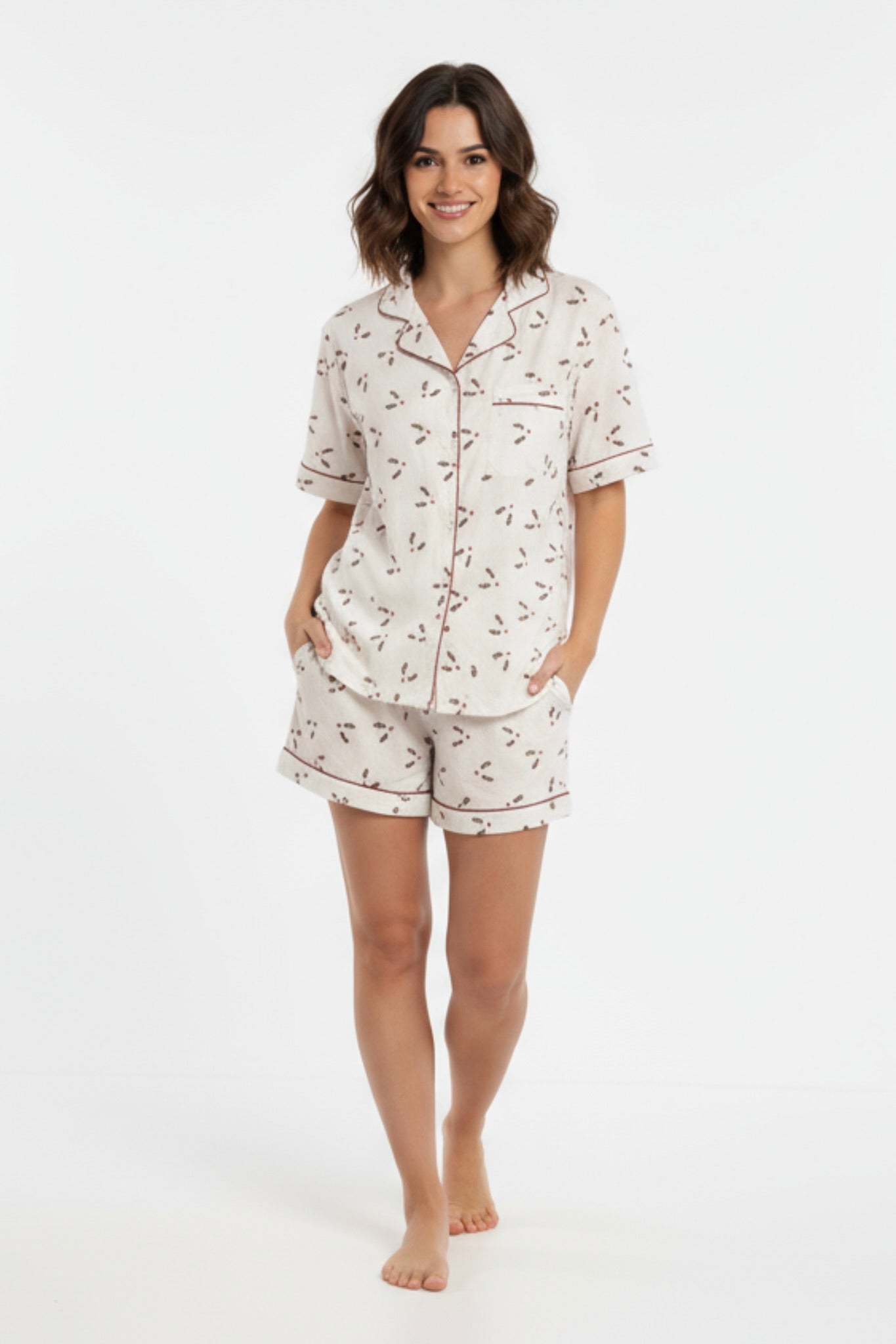 Paola Pajama Short Set in Embroidered Brown Holly