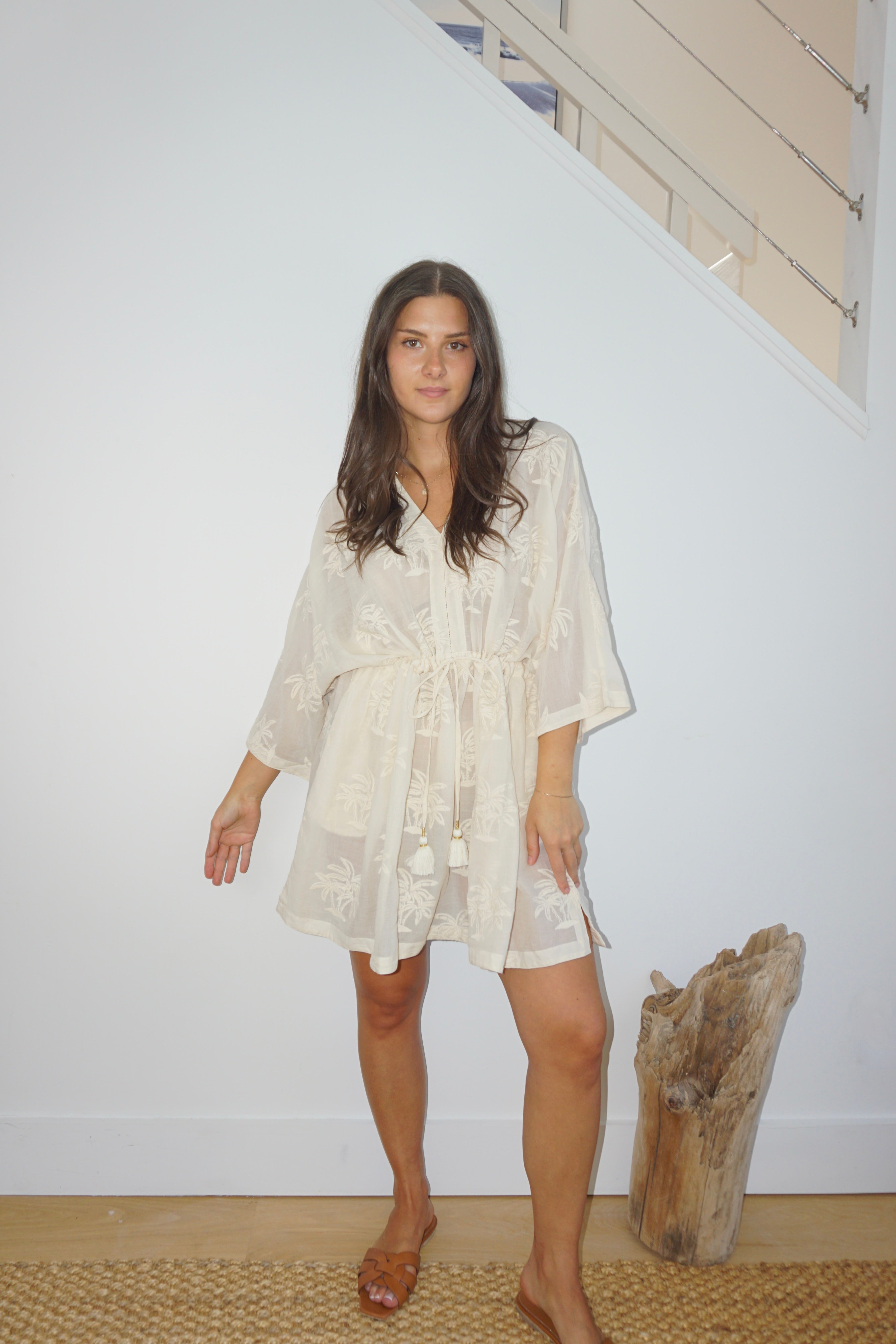 Savannah Kaftan in Cream Palm Embroidery