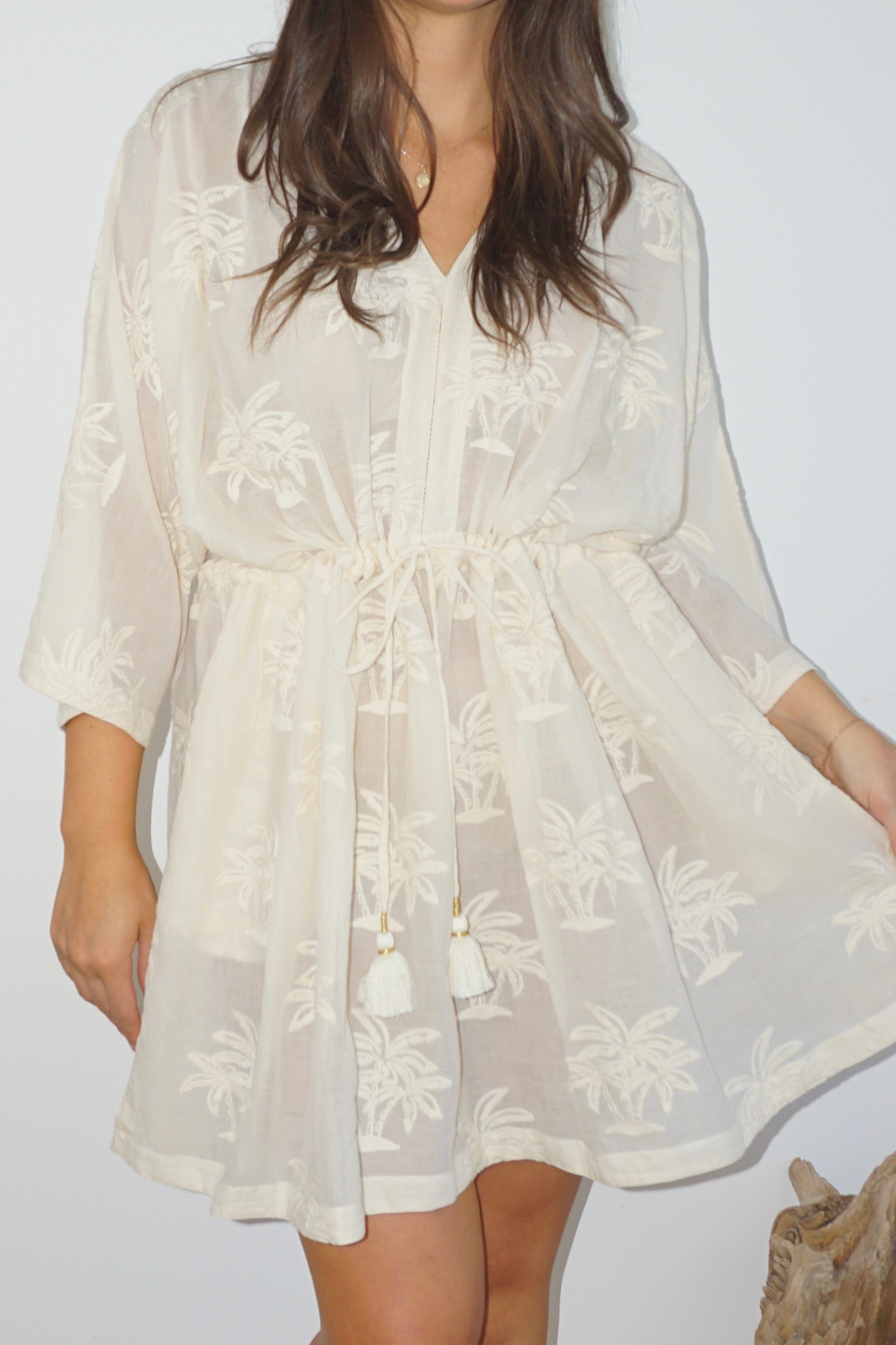 Savannah Kaftan in Cream Palm Embroidery