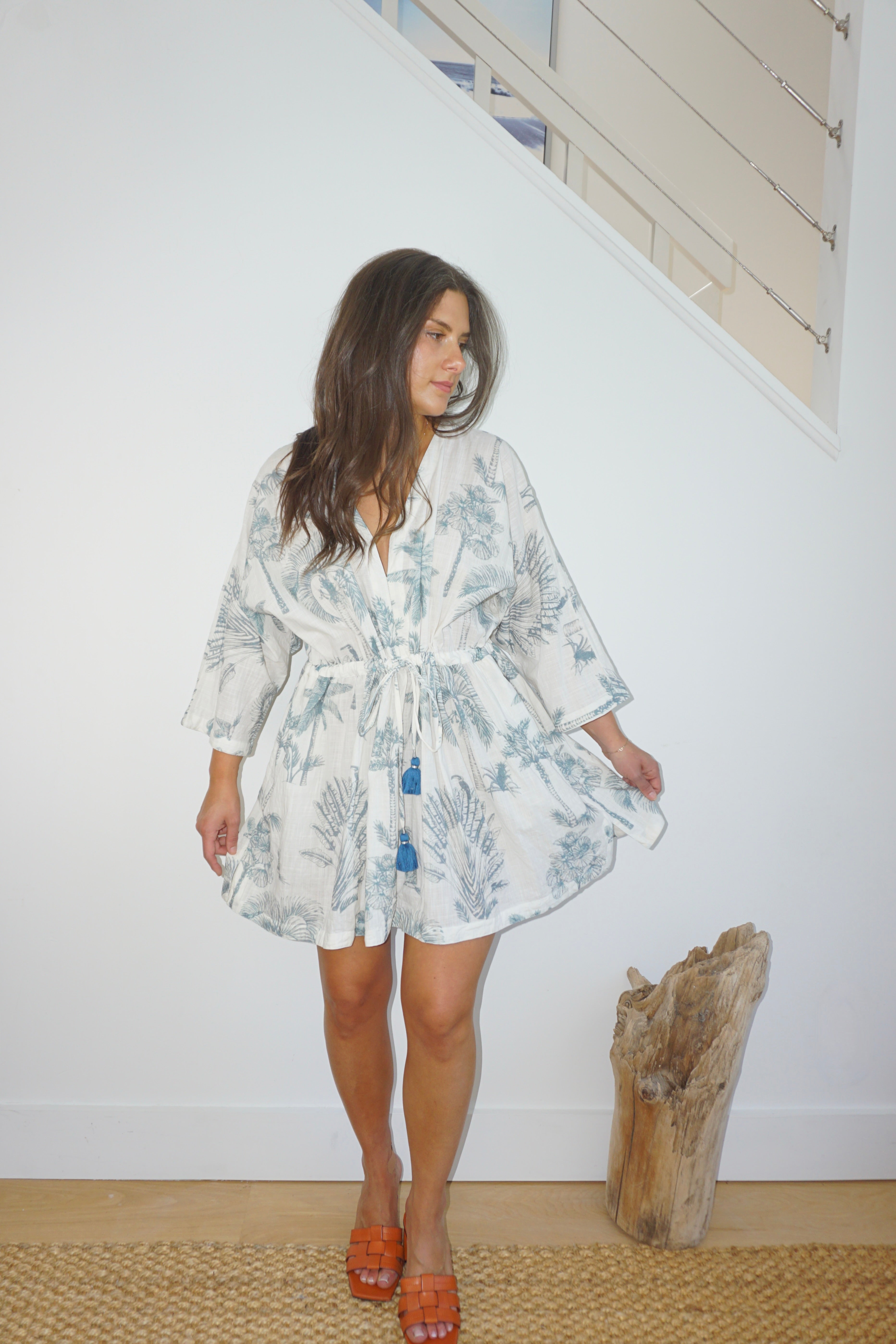 Savannah Mini Kaftan - Faded Teal Palms