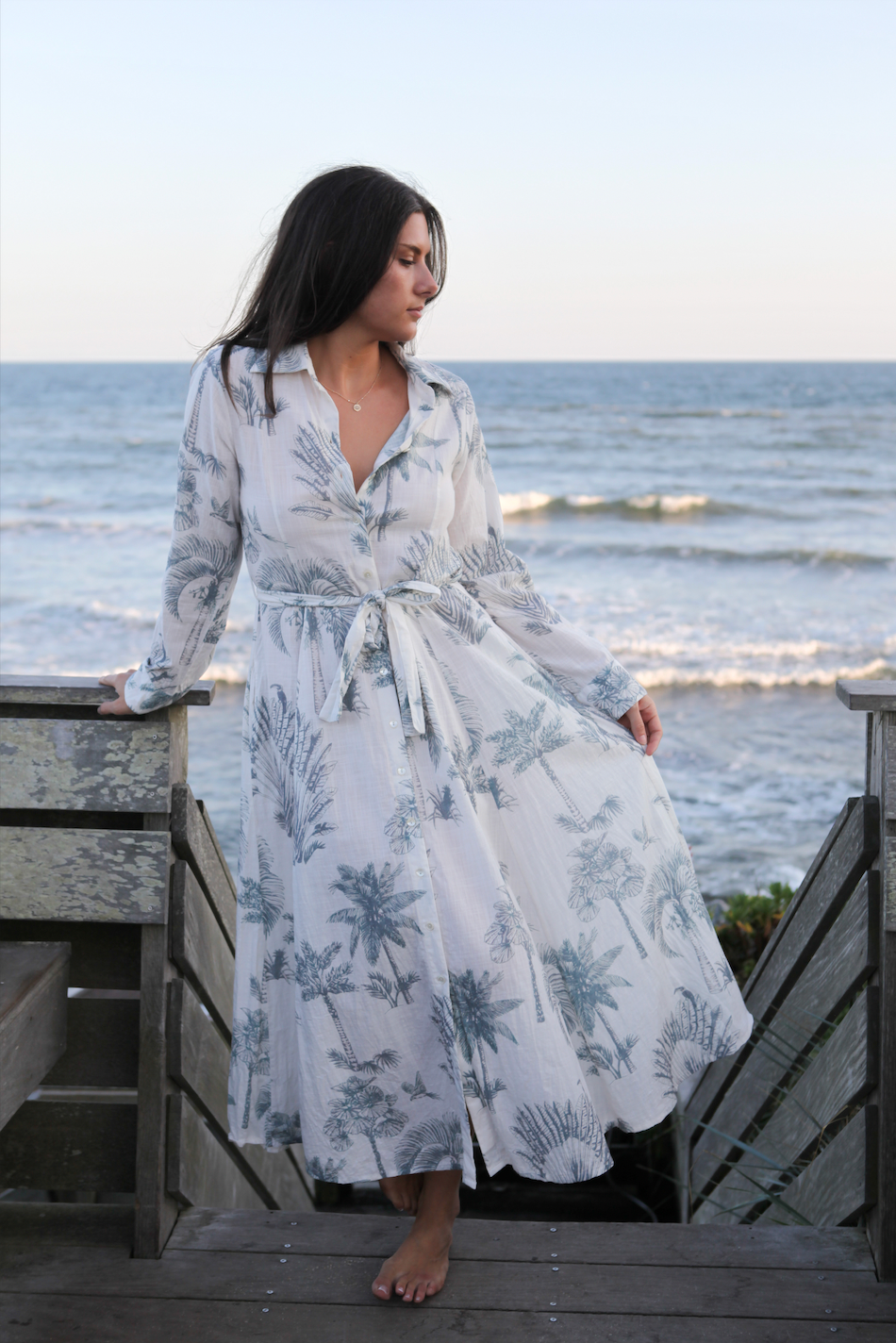 Sierra Dress in Faded Teal Palms