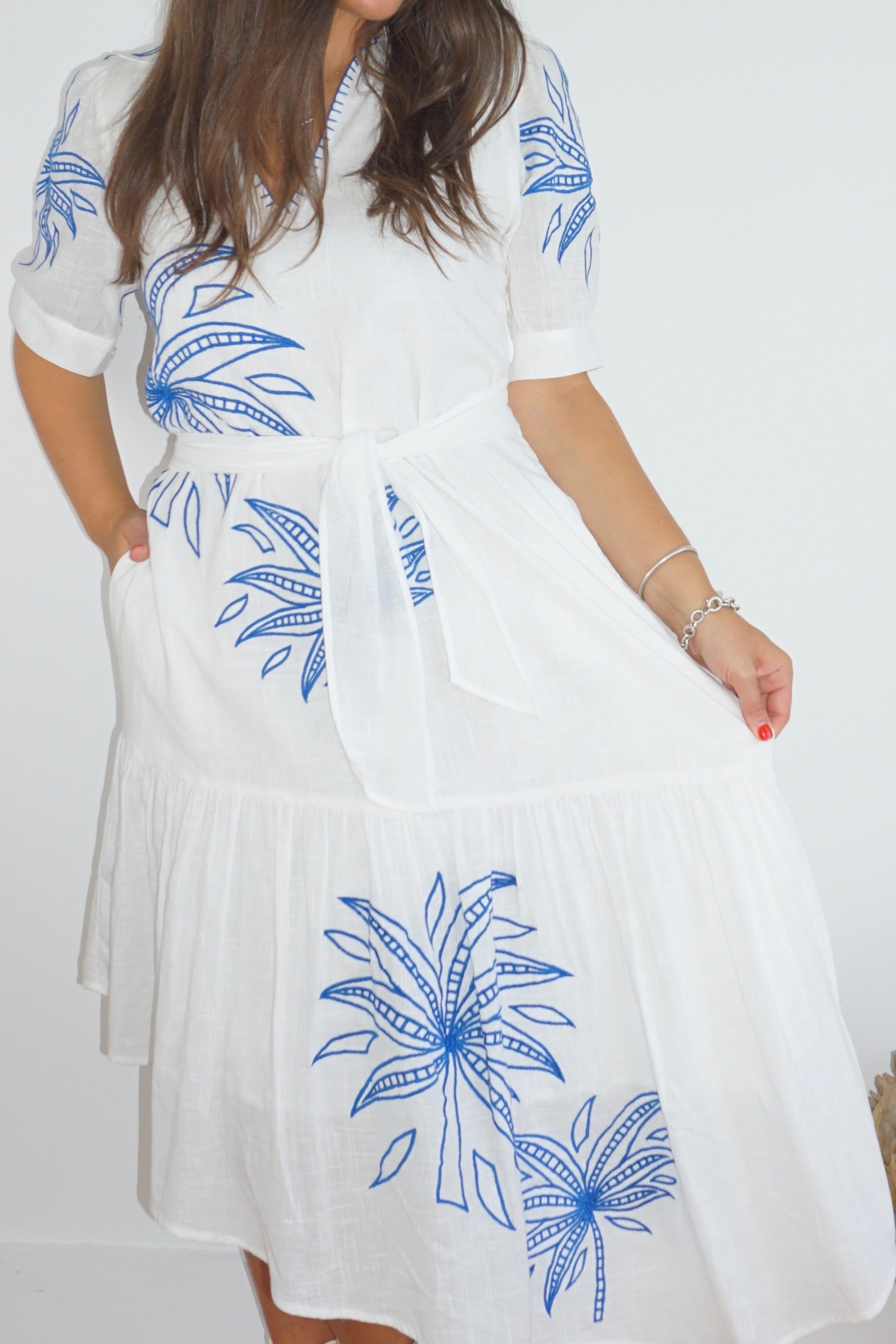 NIBI-MTK Viola Asymmetrical Dress - Blue Abstract Palms