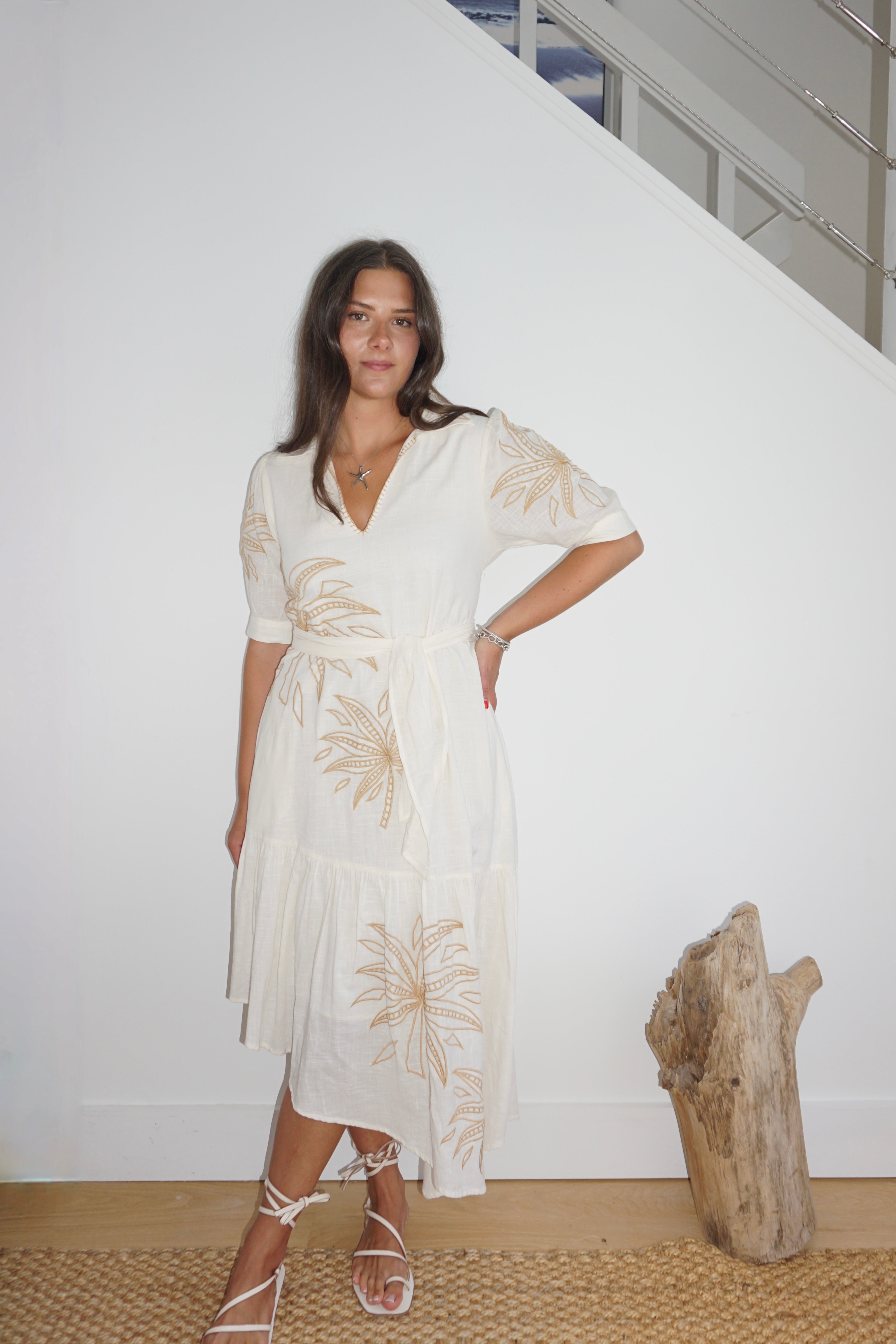 NIBI MTK Viola Asymmetrical Dress - Cream Abstract Palms
