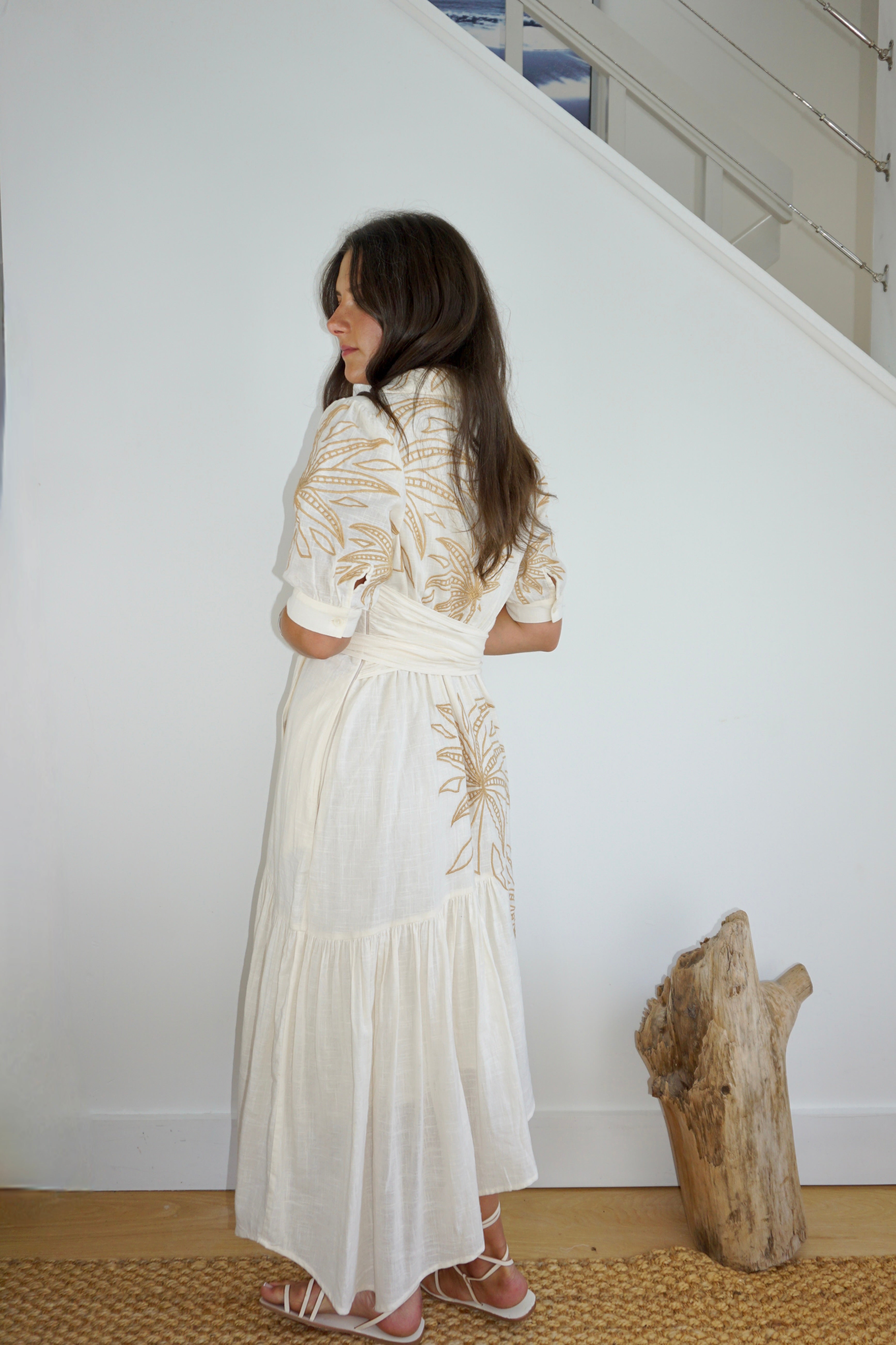 NIBI MTK Viola Asymmetrical Dress - Cream Abstract Palms