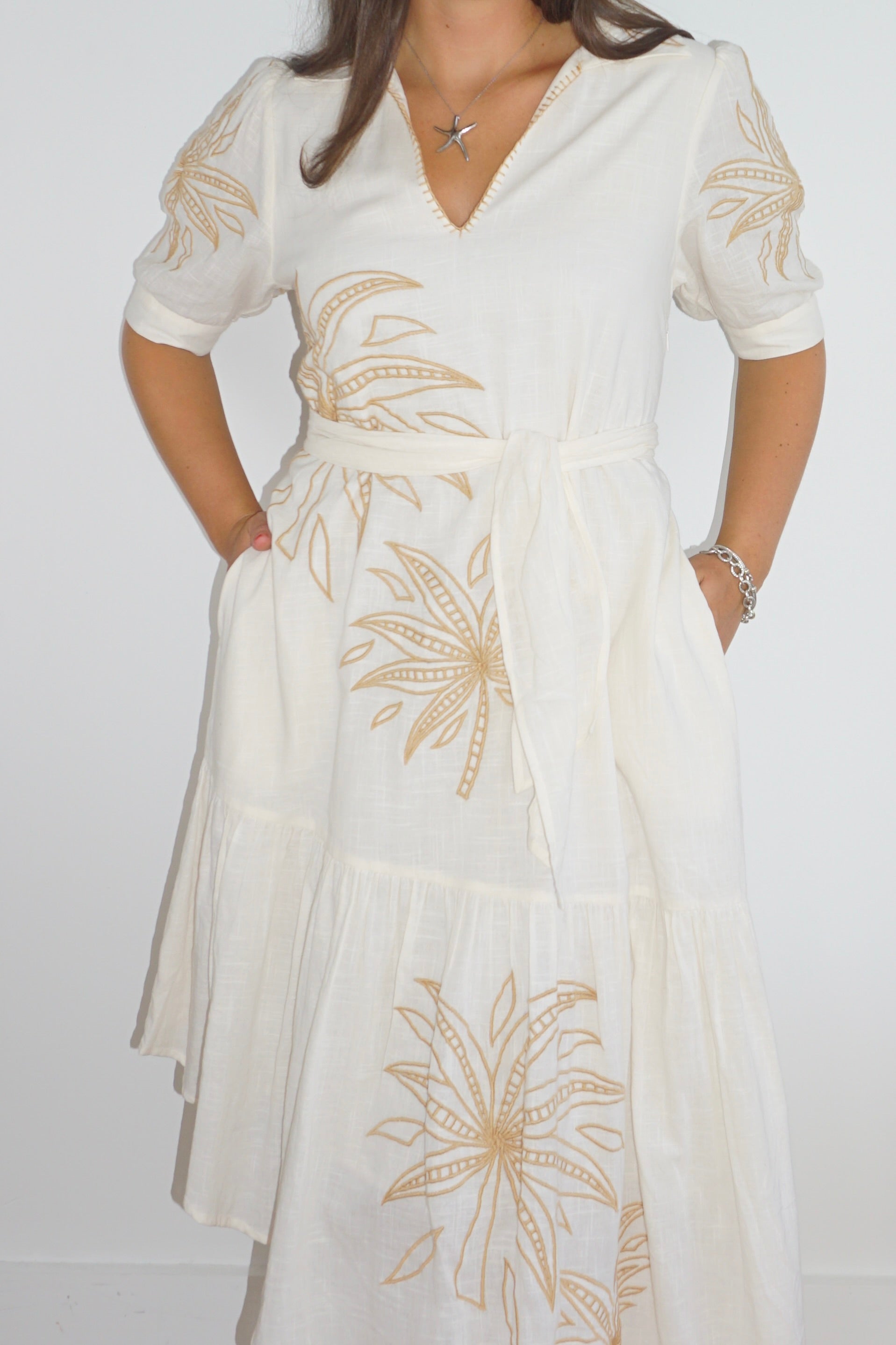 NIBI MTK Viola Asymmetrical Dress - Cream Abstract Palms