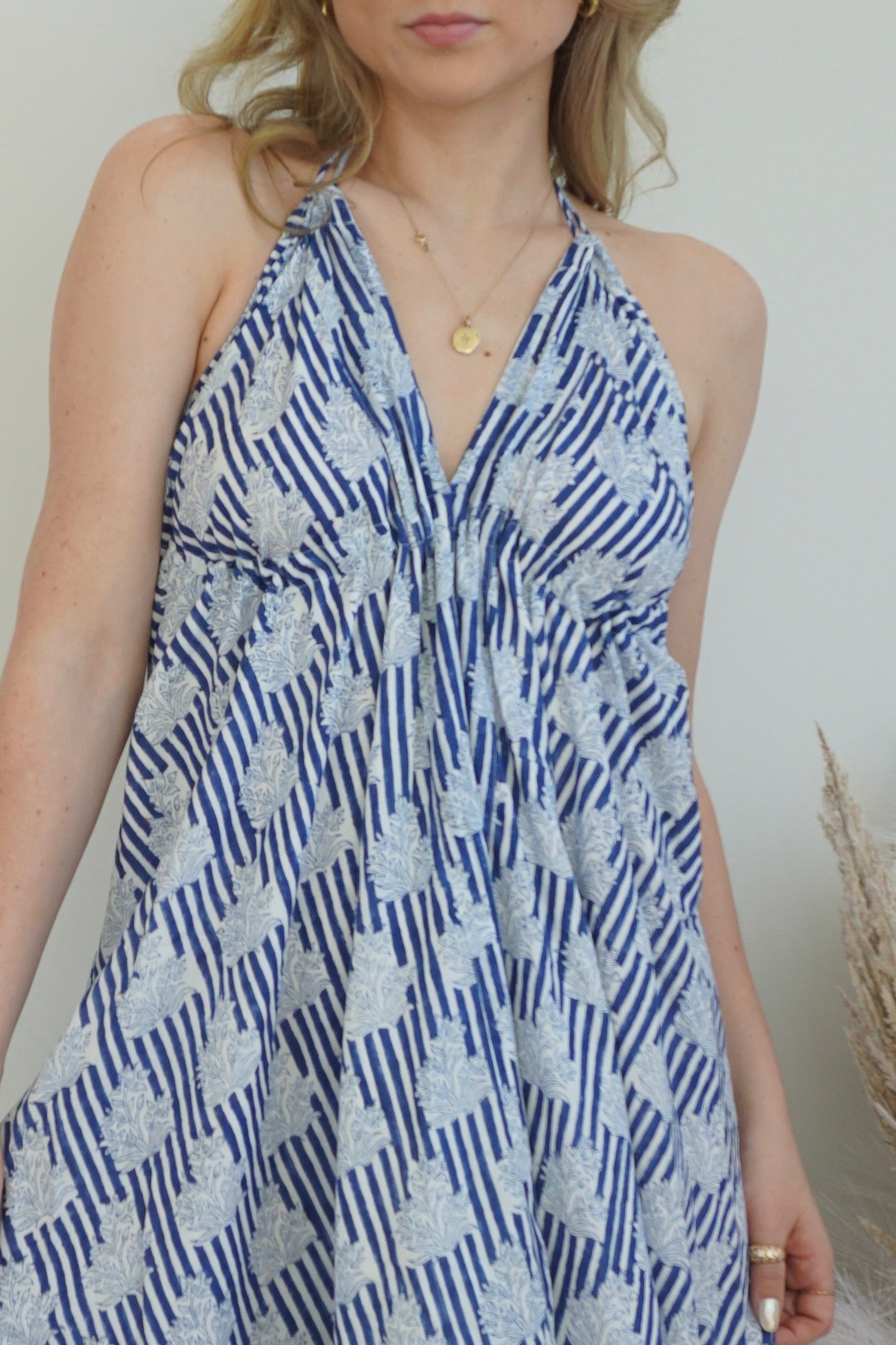 NIBI MTK Ziggy Halter Dress - Navy Block Stripe