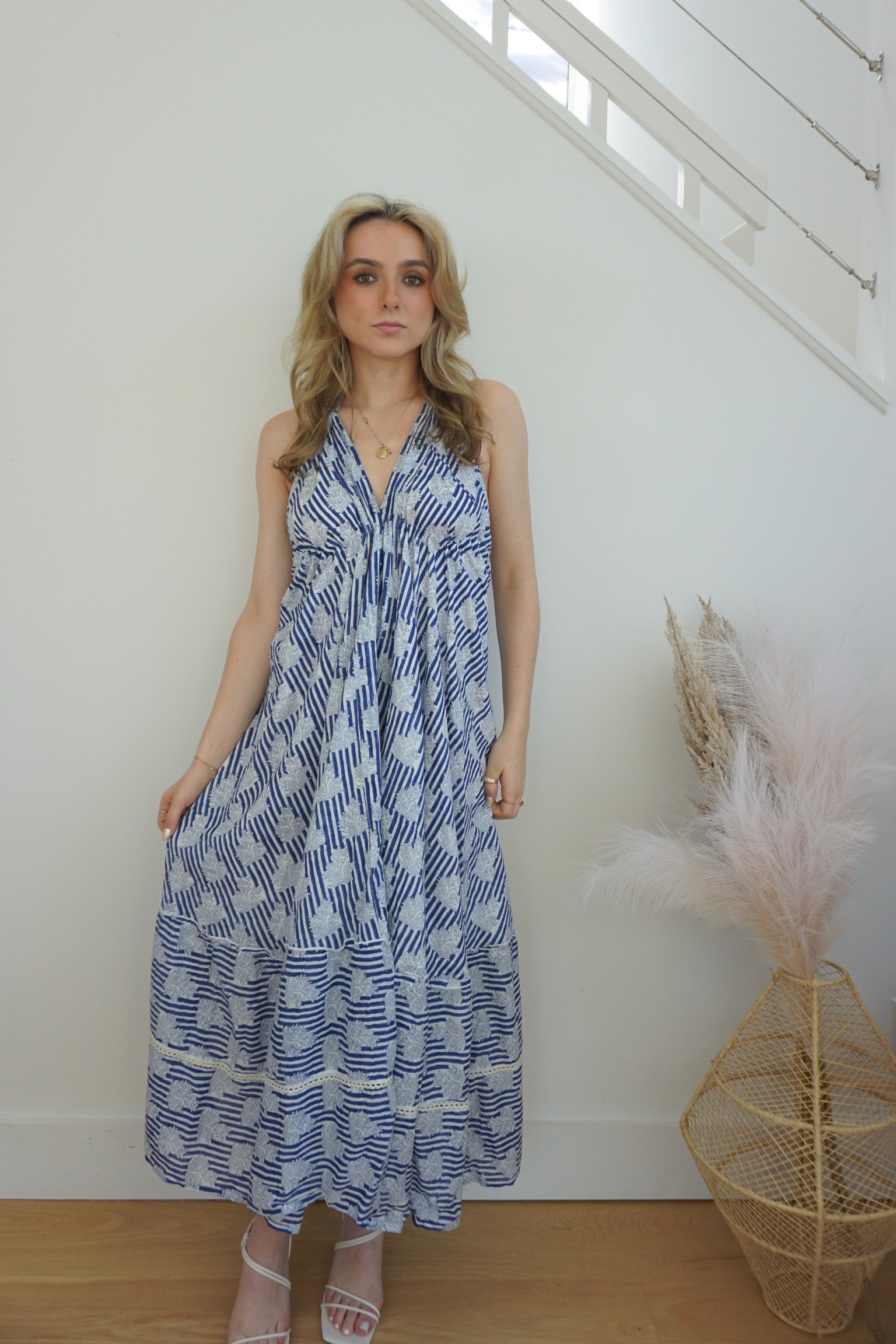 NIBI MTK Ziggy Halter Dress - Navy Block Stripe