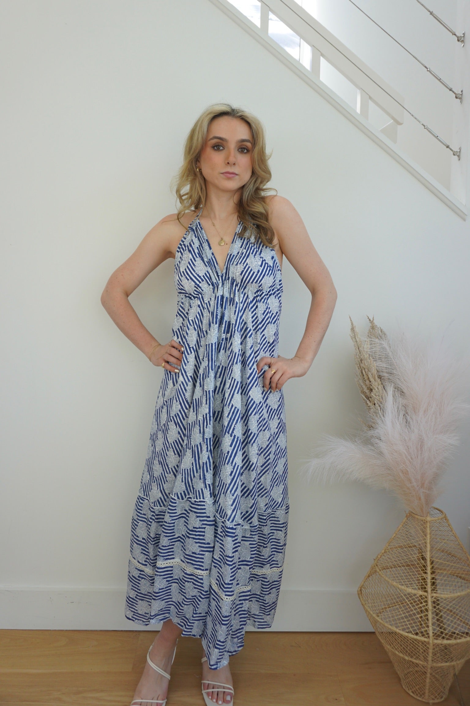 NIBI MTK Ziggy Halter Dress - Navy Block Stripe