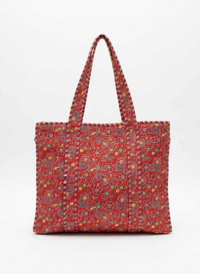 Quilted Cotton Zipper Tote, Red Paisley