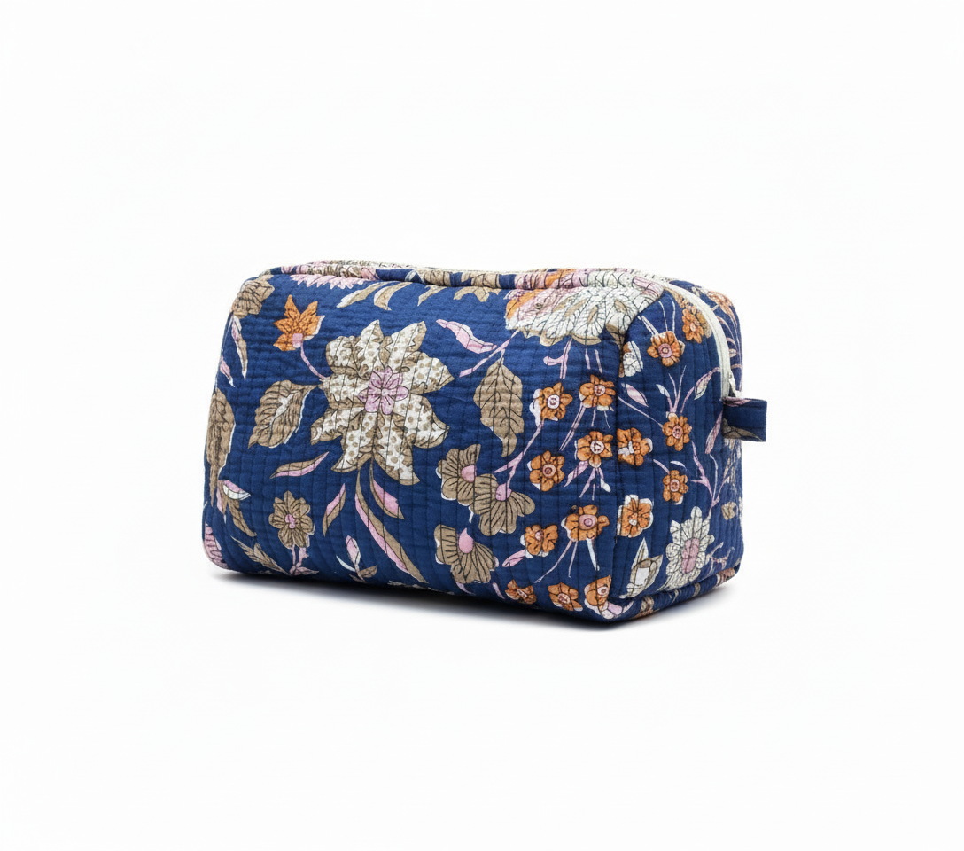 Grace Print Quilted Cosmetic Bag, Navy (Medium)