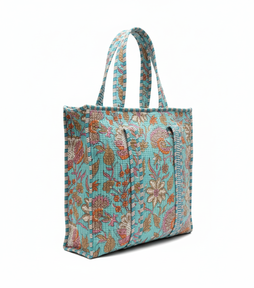 Grace Print Quilted Zipper Tote, Turquoise (Medium)