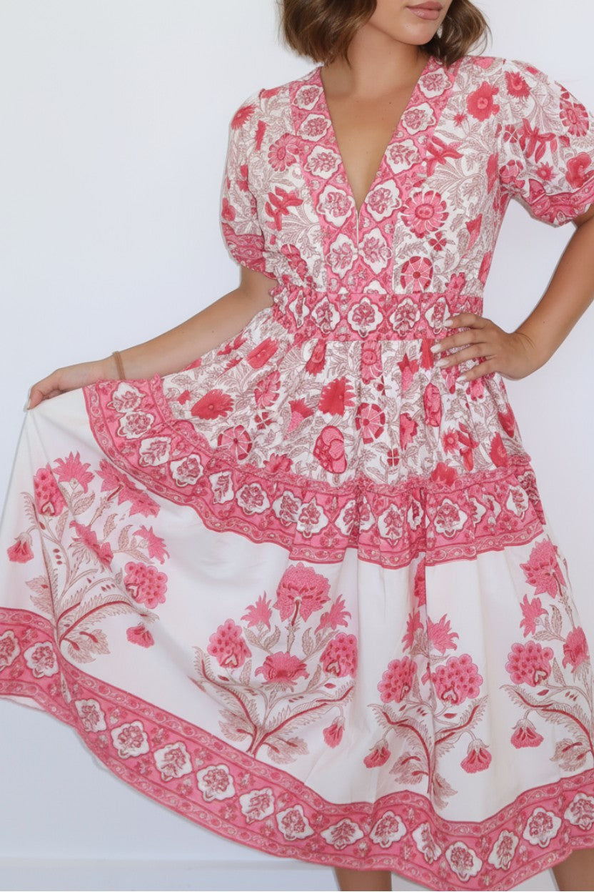 Birdy Midi Dress in Peacock Pink