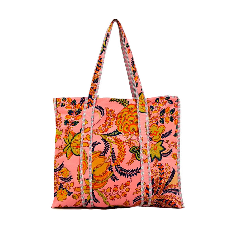 XL Velvet Tote in Golden Flower, Light Pink