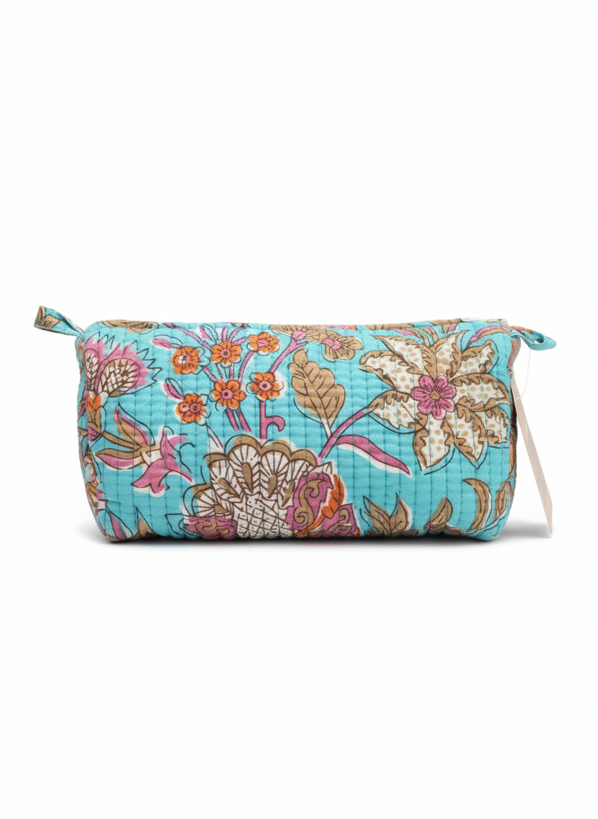 Grace Print Quilted Cosmetic Bag, Turquoise (Small)