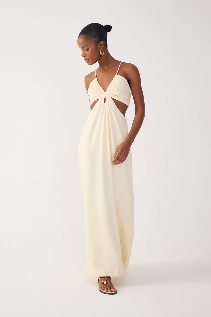 Shell Ruched Cutout Linen Maxi Dress
