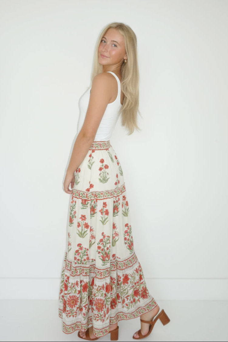 Drue Tiered Skirt in Red Bloom