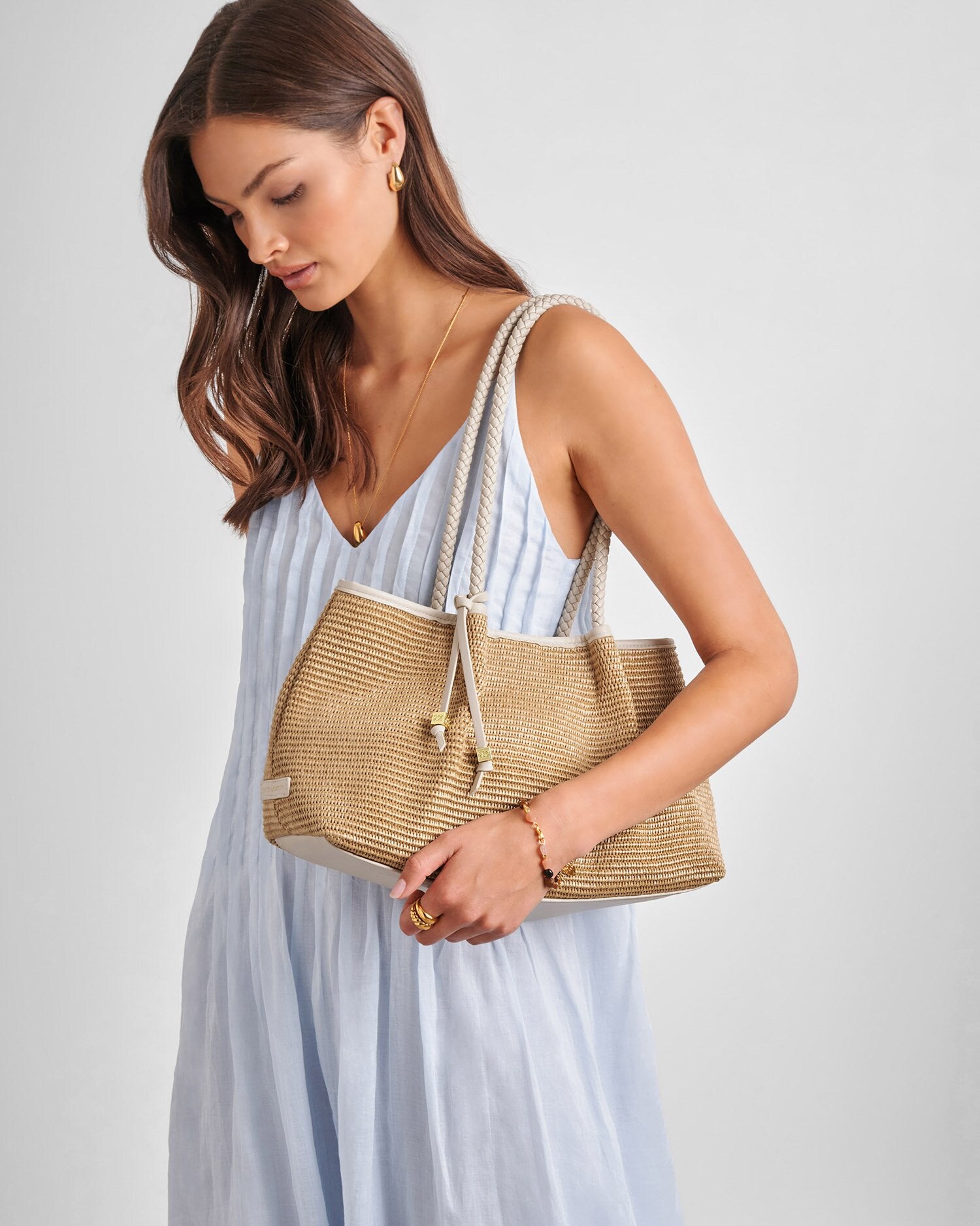 Nova Raffia Shoulder Tote Bag Small Oyster