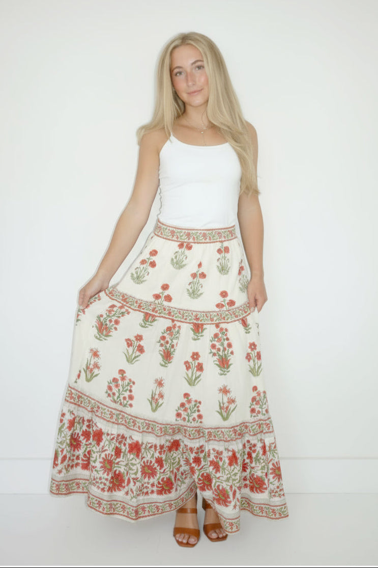 Drue Tiered Skirt in Red Bloom