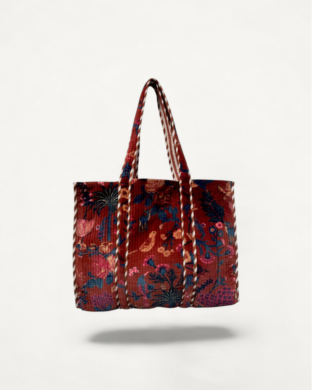 XL Velvet Tote in Palms & Roses, Red