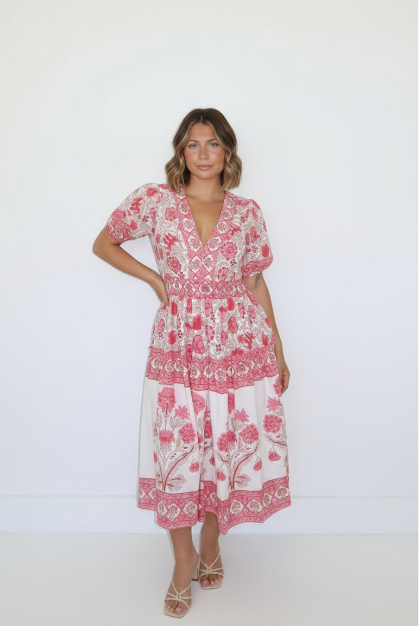 Birdy Midi Dress in Peacock Pink