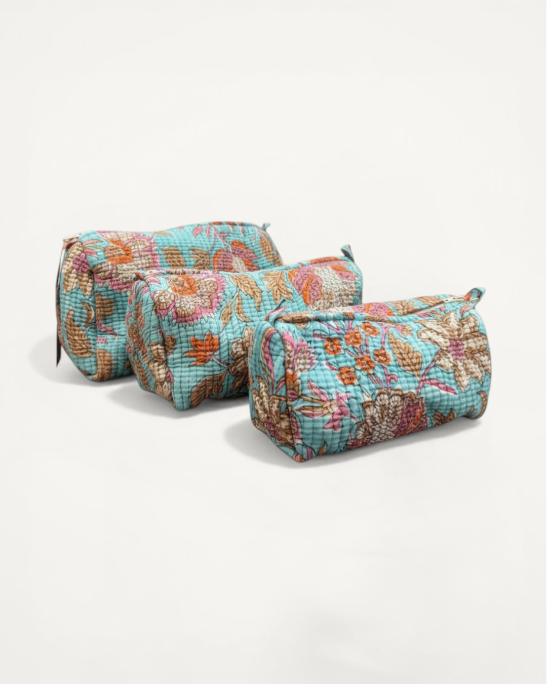 nibimtk.com turquoise quilted cosmetic bag with a floral print, zipper closure, and a large size.