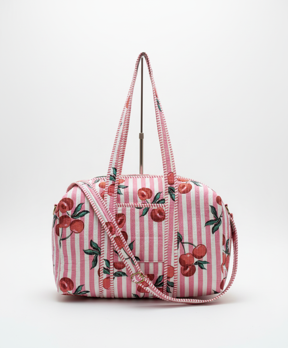 Quilted Overnight Duffle Bag, Cherry Pink Stripe