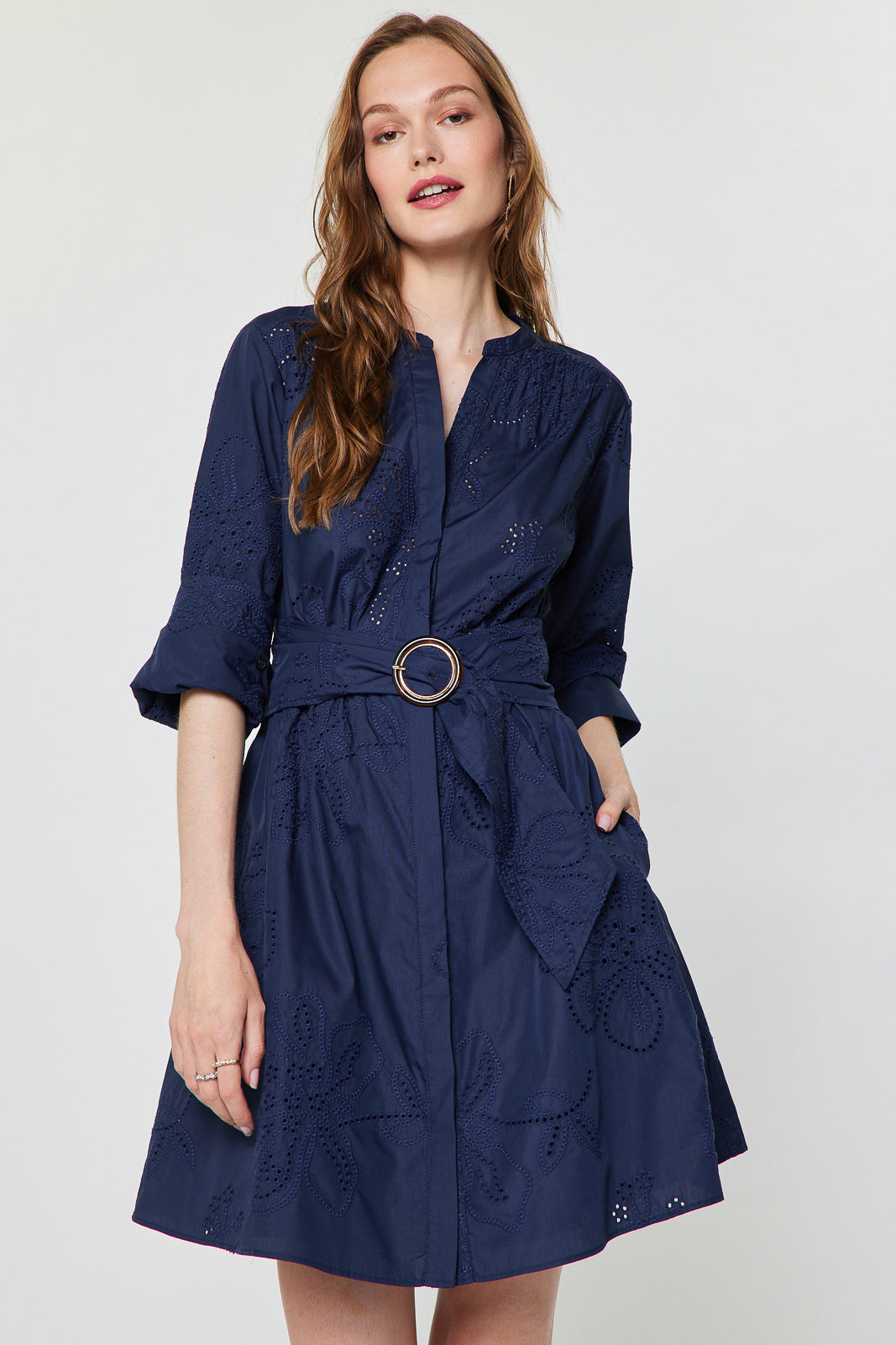 Eyelet Split Neck Belted Mini Dress