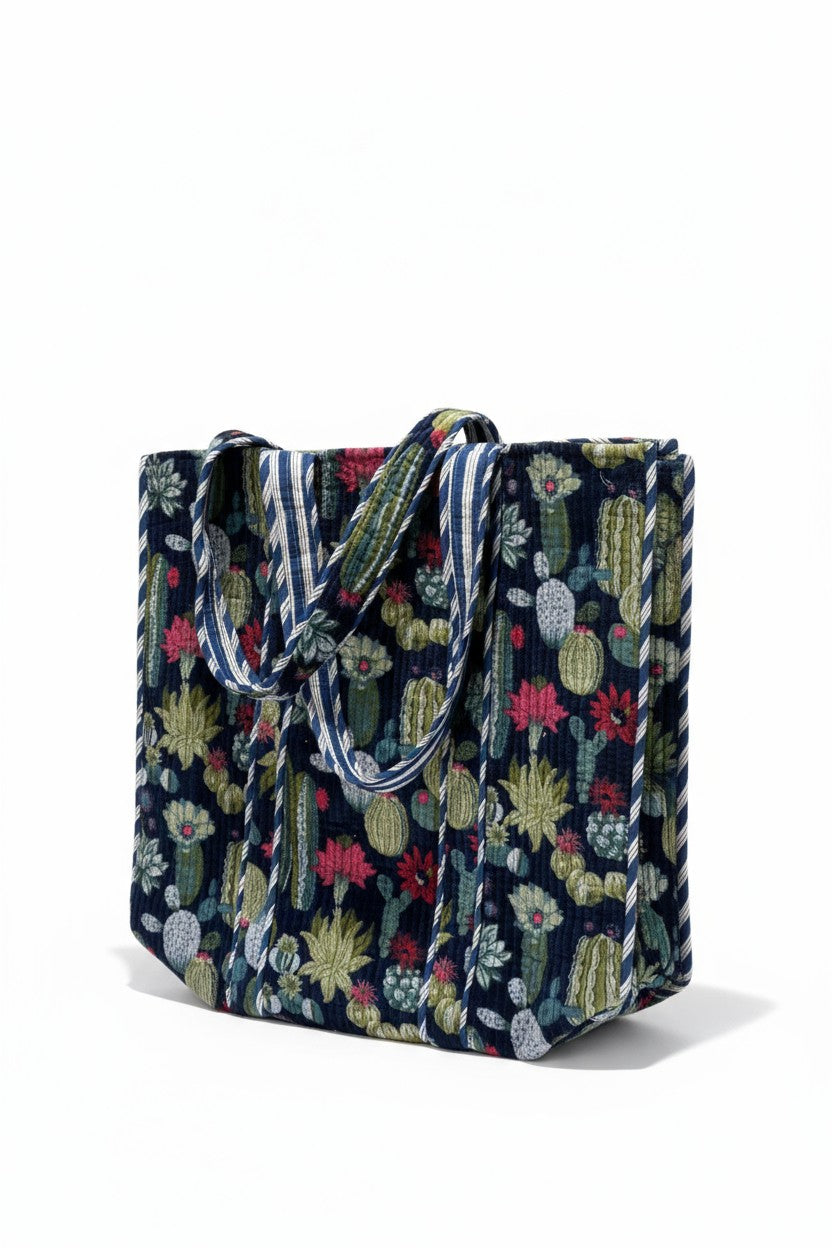 XL Velvet Tote in Cacti - Navy