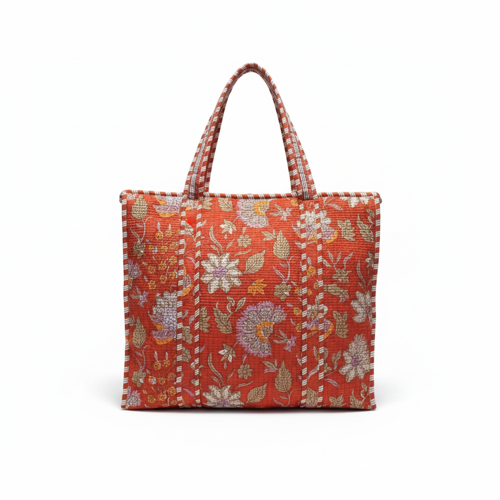 Grace Print Quilted Zipper Tote, Red (Medium)