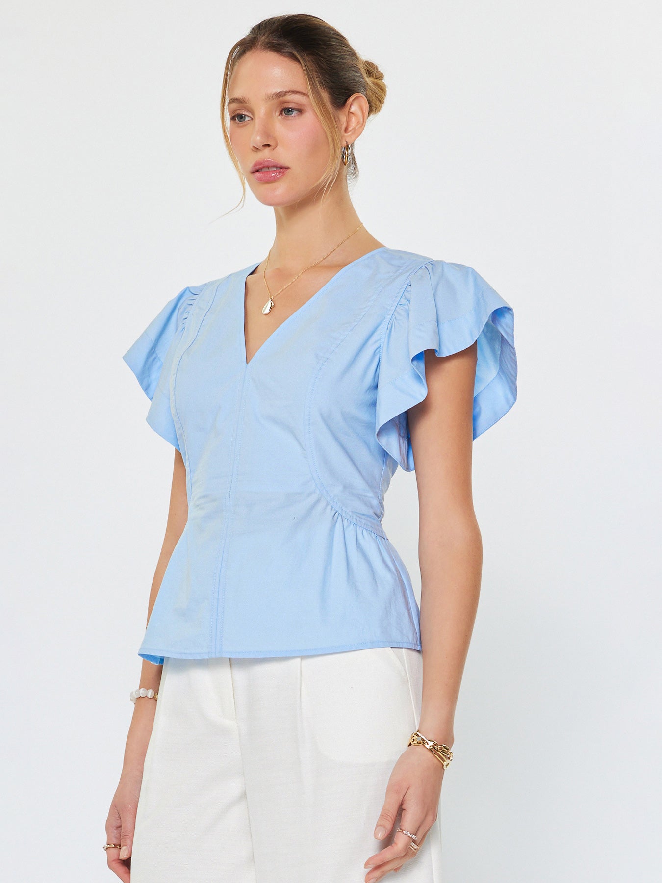 Short Sleeve V Neck Back Zipper Blouse