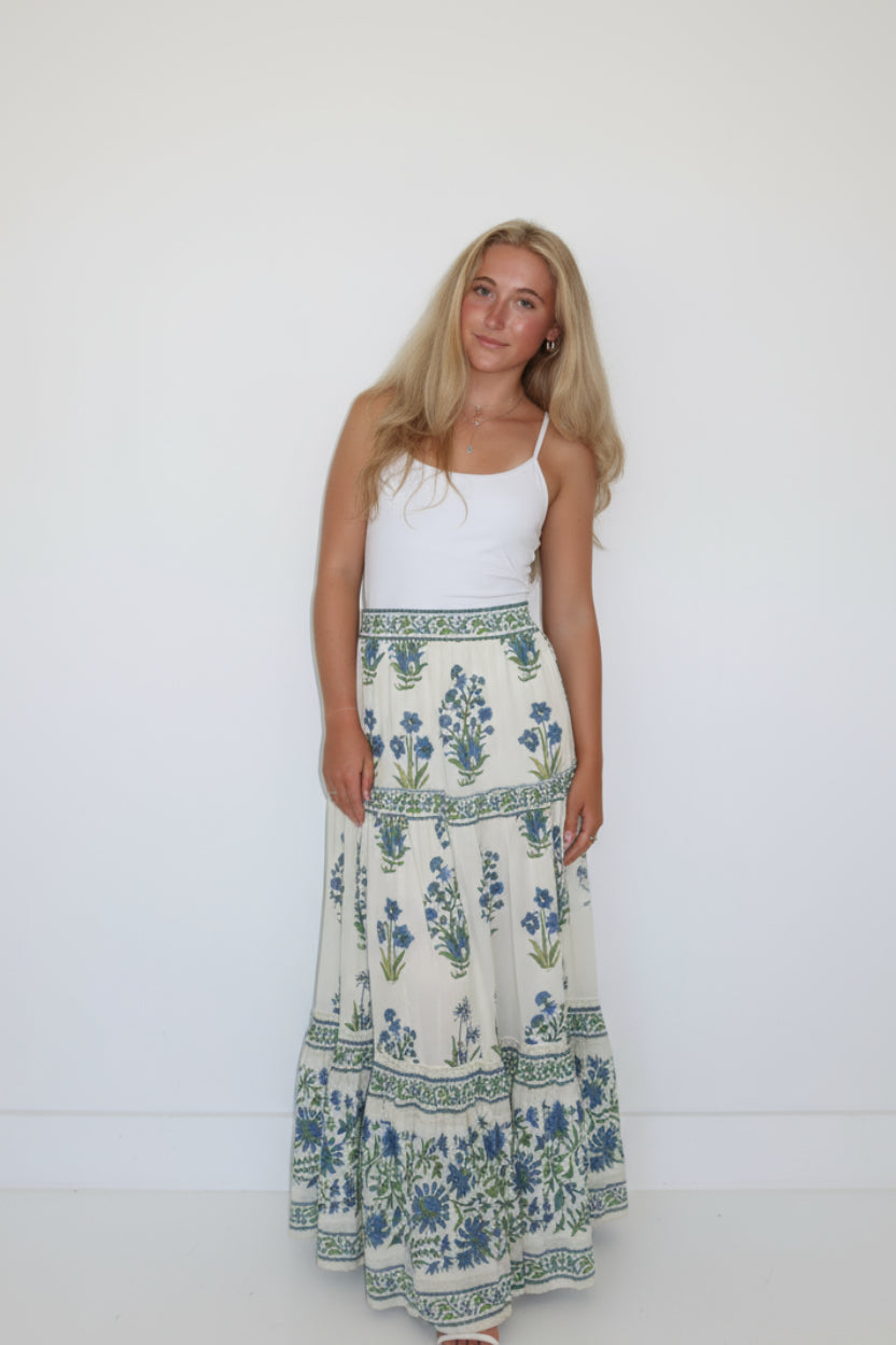Drue Tiered Skirt in Blue Bloom