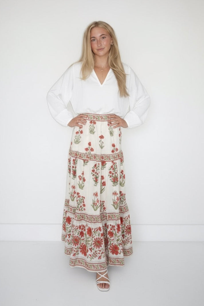 Drue Tiered Skirt in Red Bloom